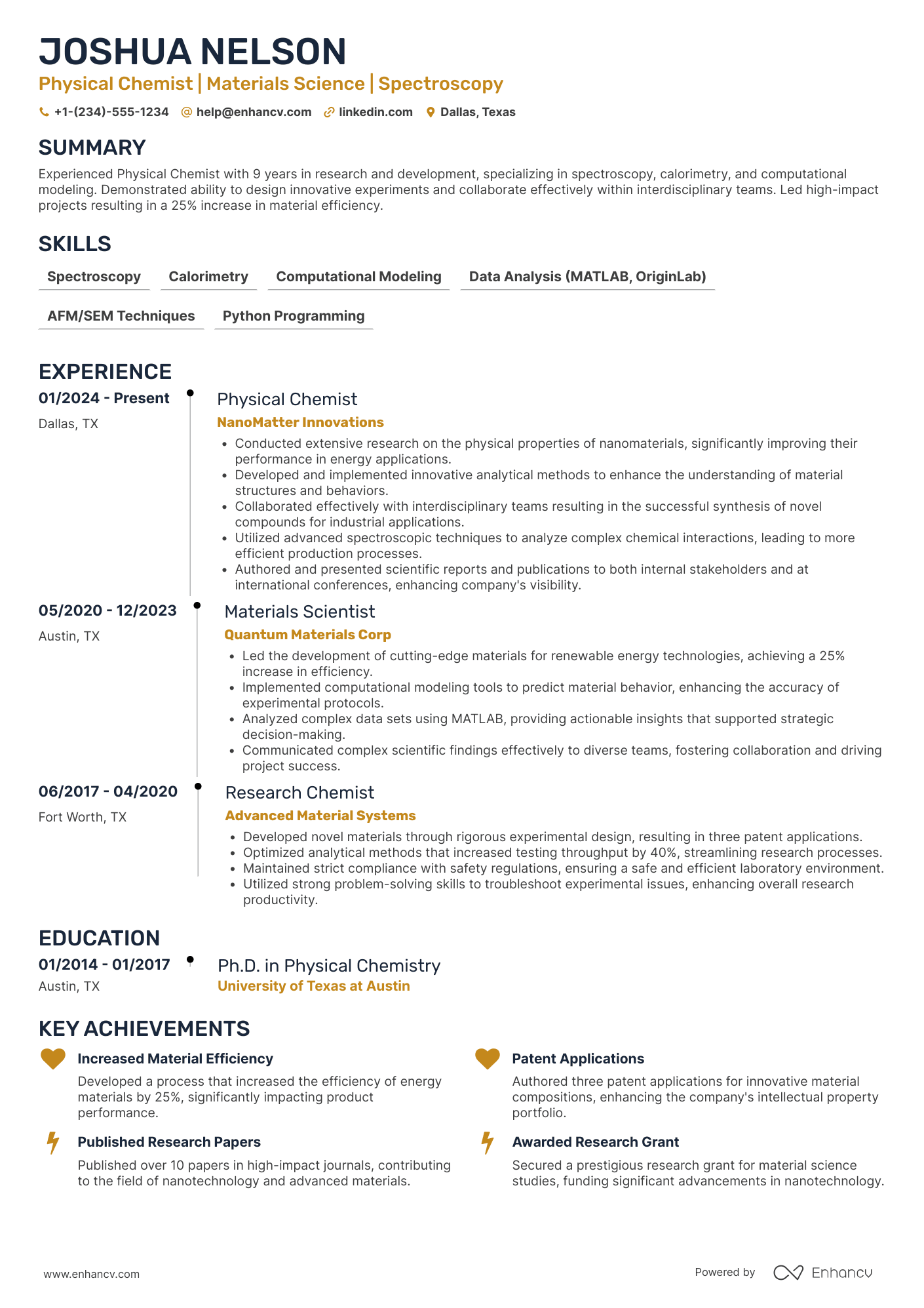 A resume example of a Physical Chemist