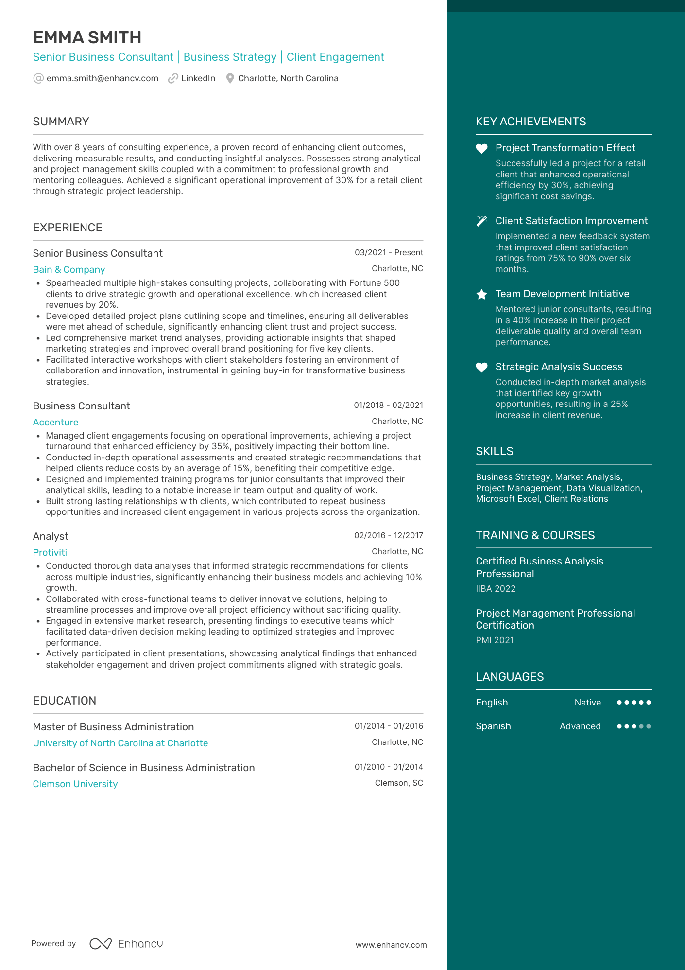 A resume example of a Senior Business Consultant