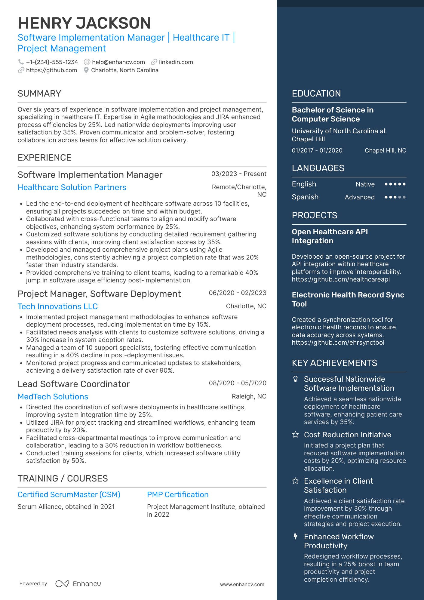A resume example of a Software Implementation Manager