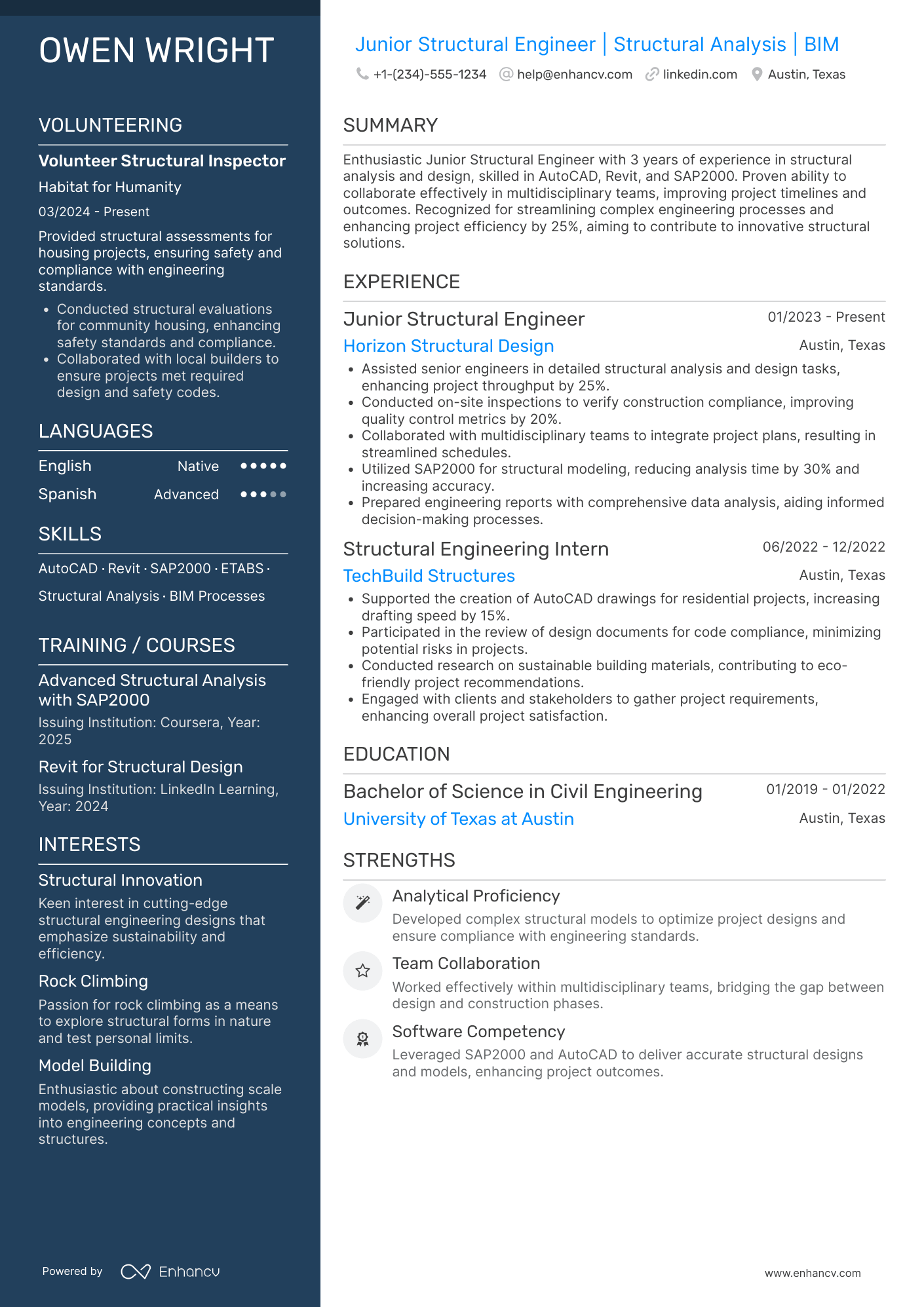 A resume example of a Junior Structural Engineer