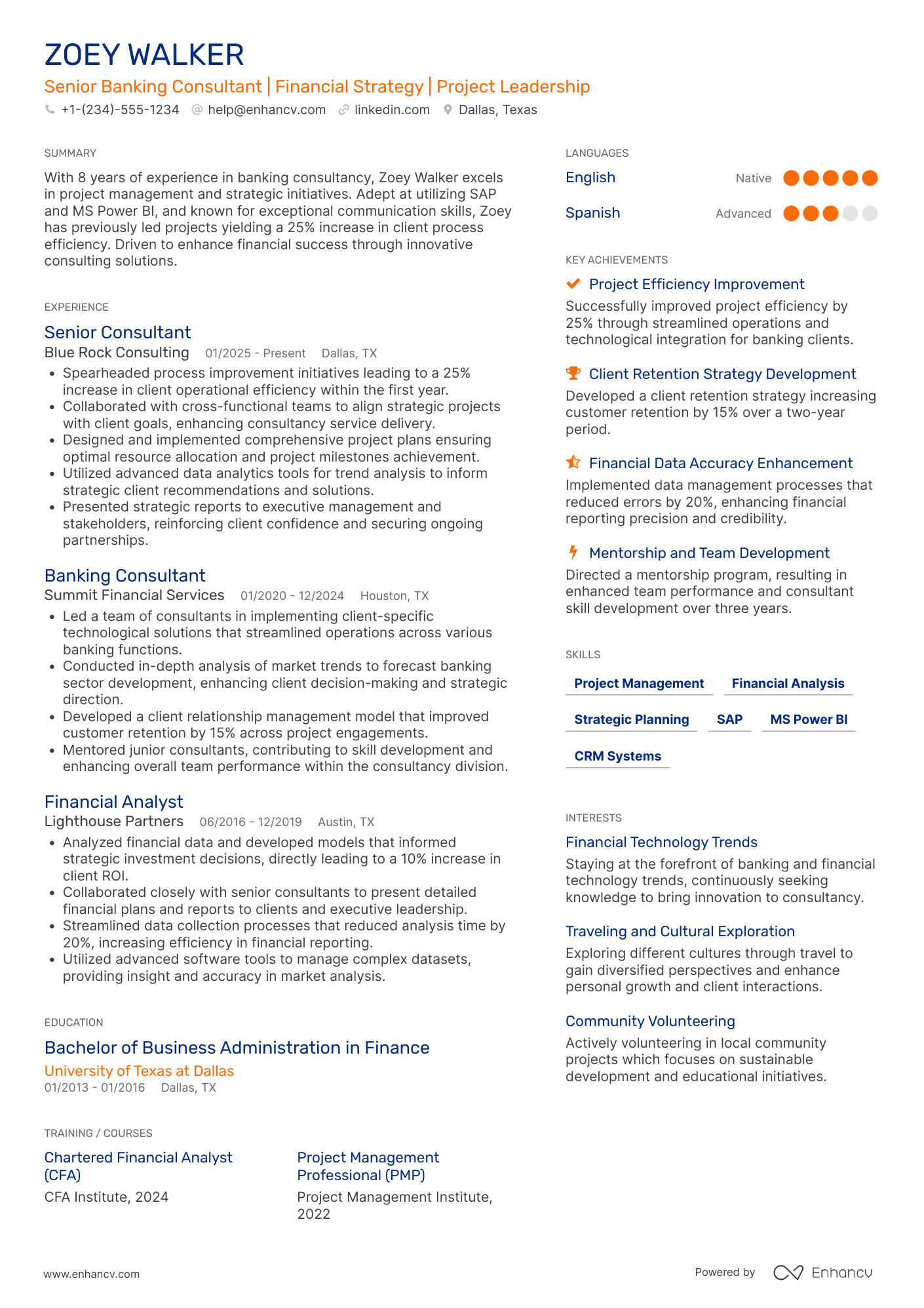 A resume example of a Senior Banking Consultant