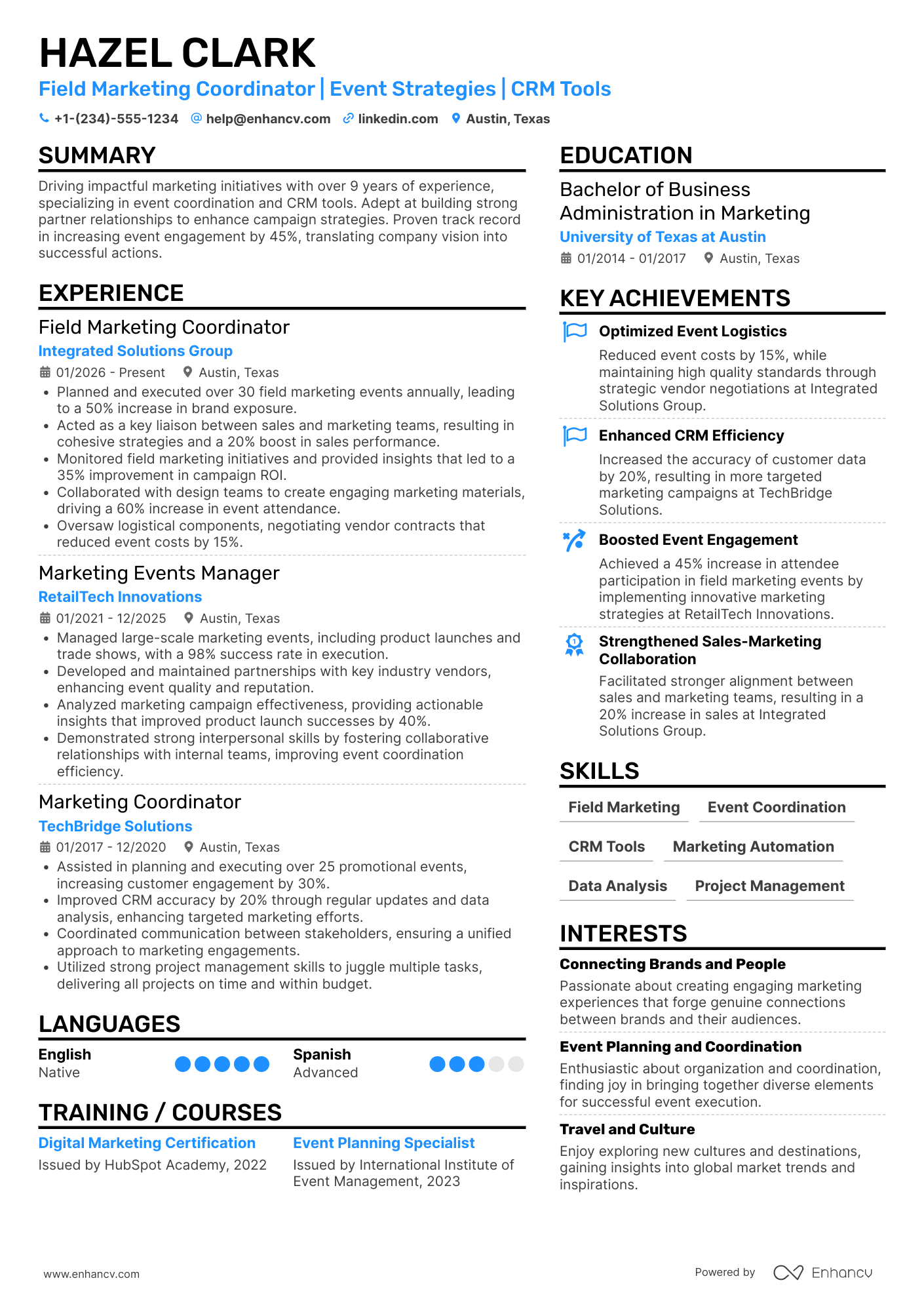 A resume example of a Field Marketing Coordinator