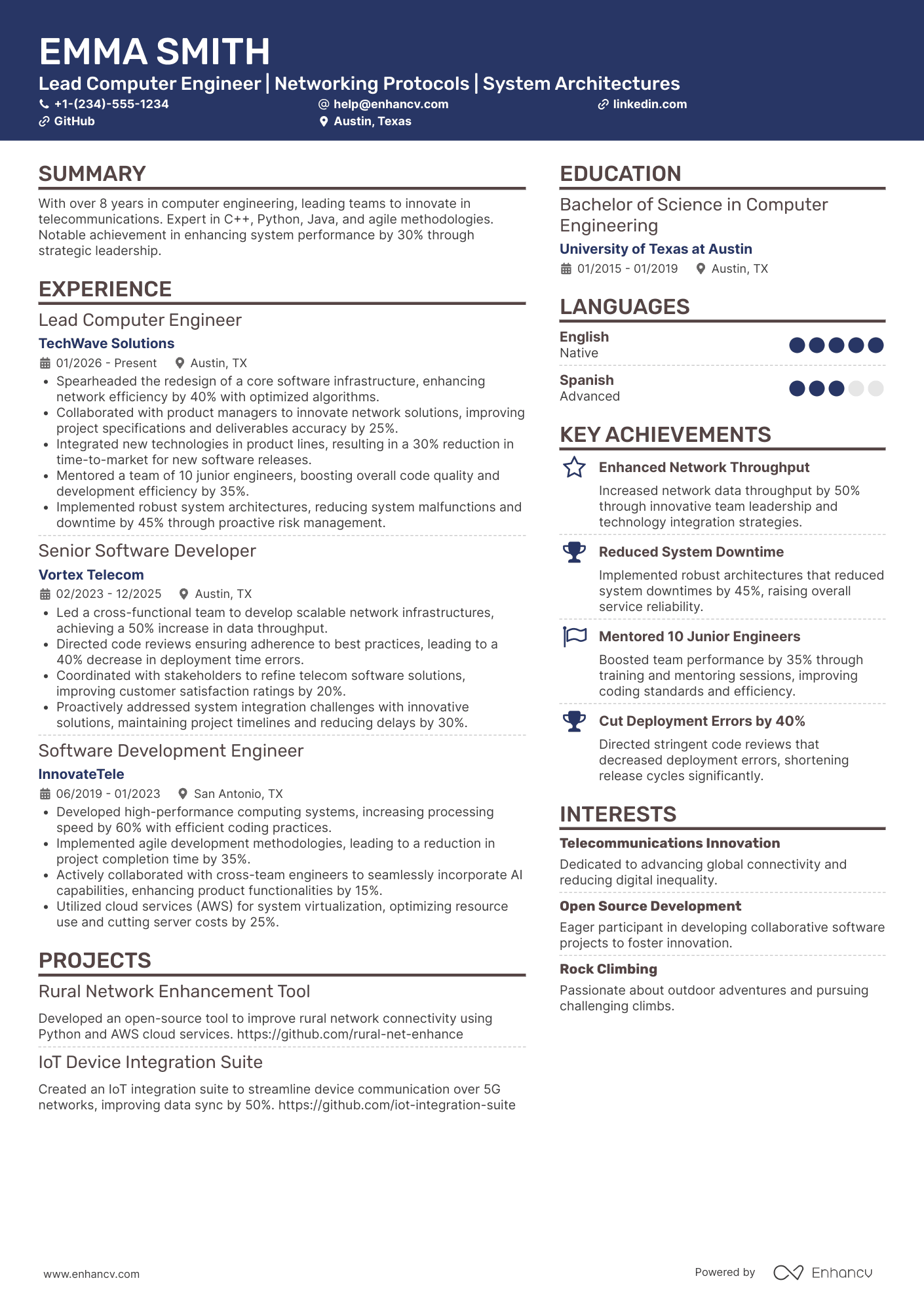 A resume example of a Lead Computer Engineer