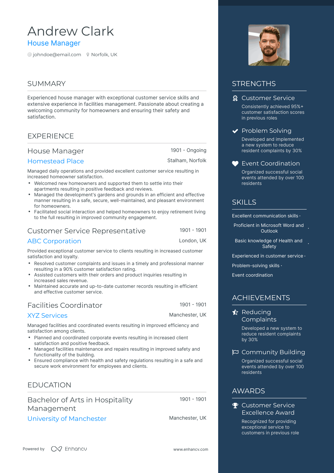 One Page House Manager Resume Template