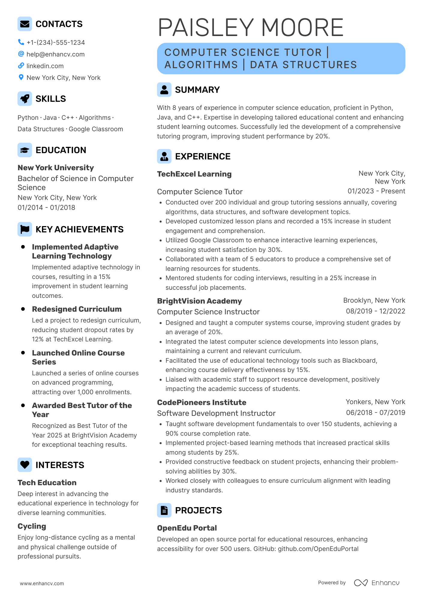 A resume example of a Computer Science Tutor