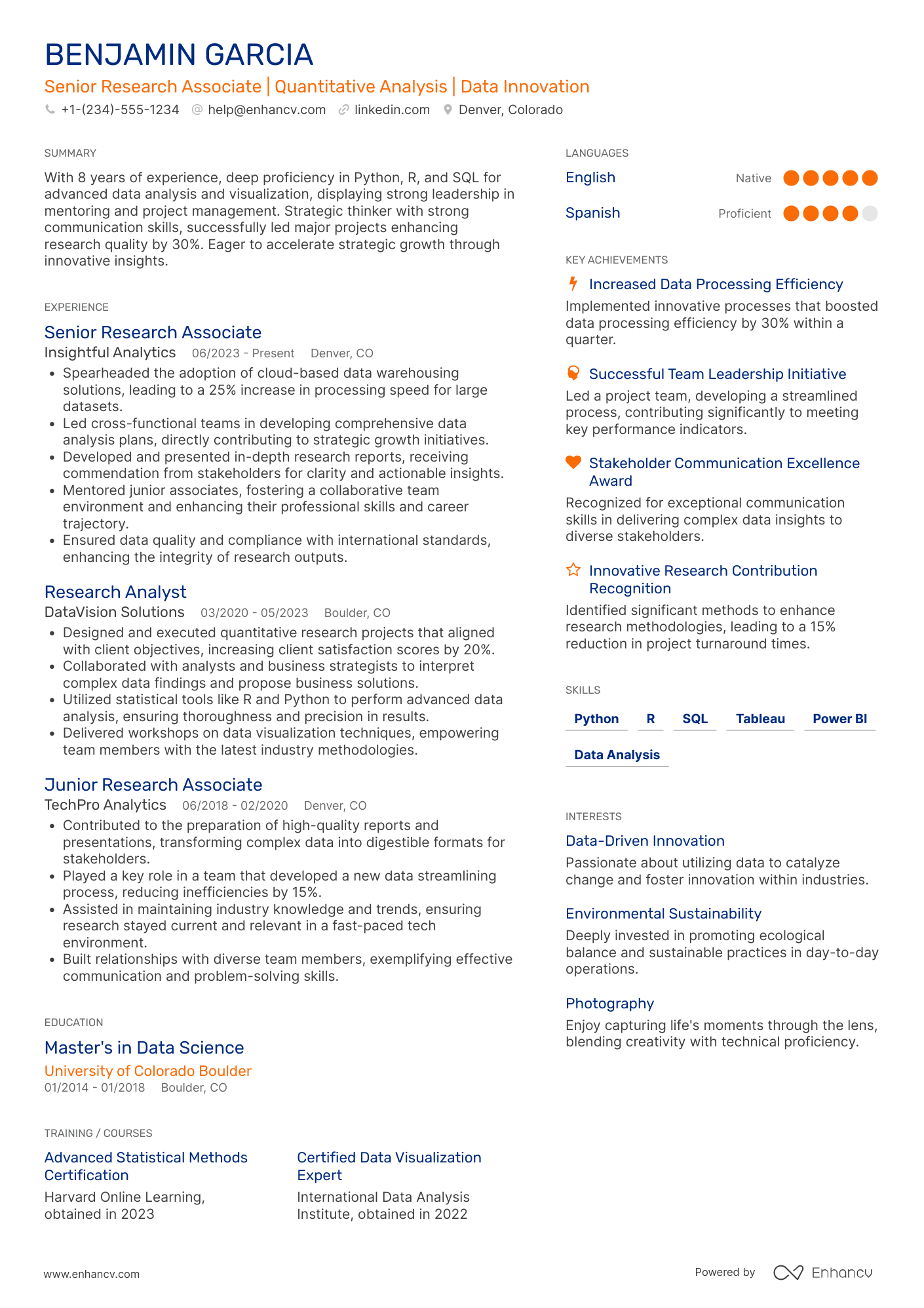 A resume example of a Senior Research Associate