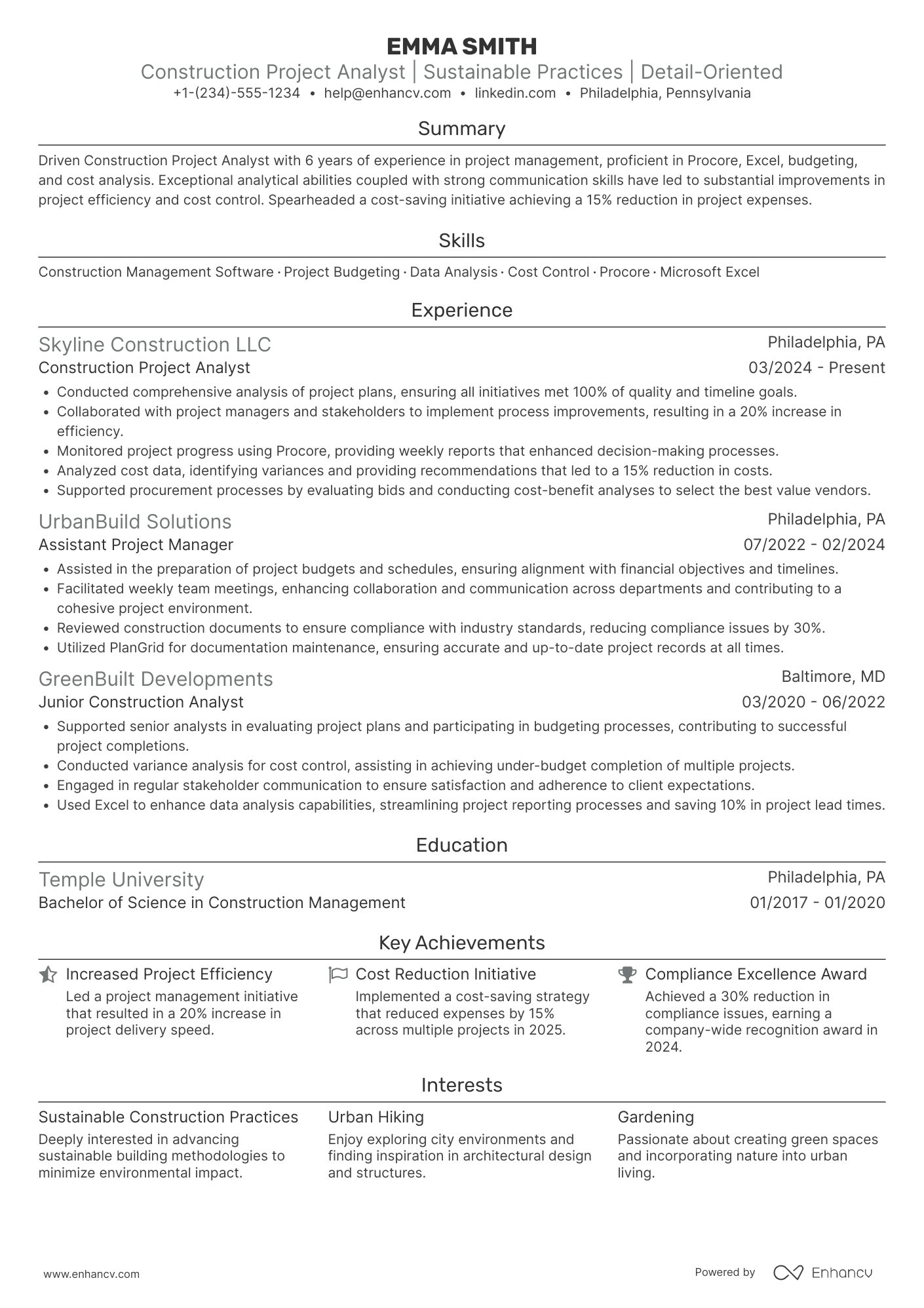 A resume example of a Construction Project Analyst