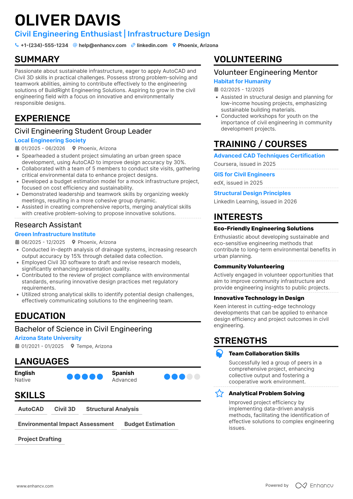 A resume example of a Civil Engineering Intern
