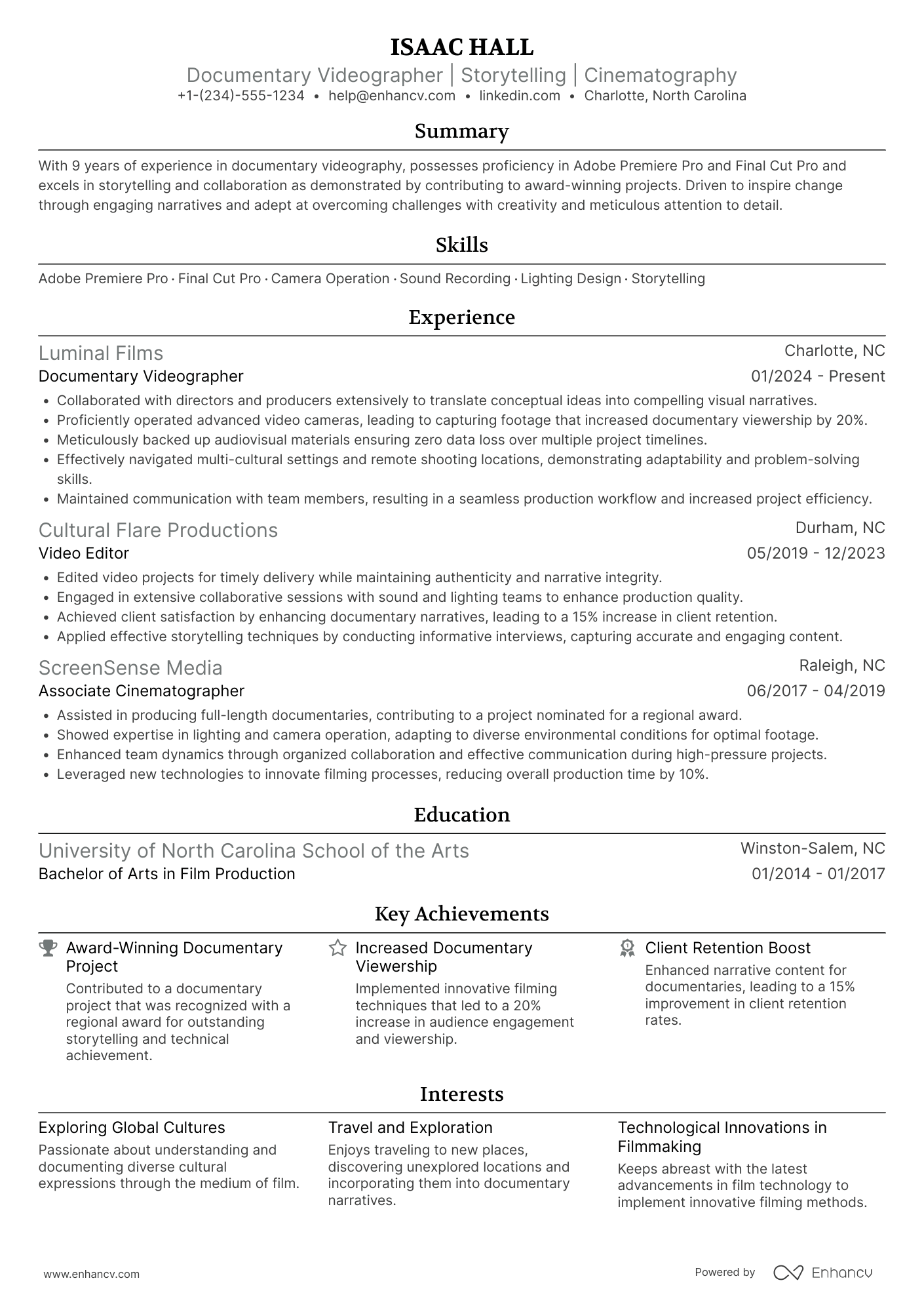 A resume example of a Documentary Videographer