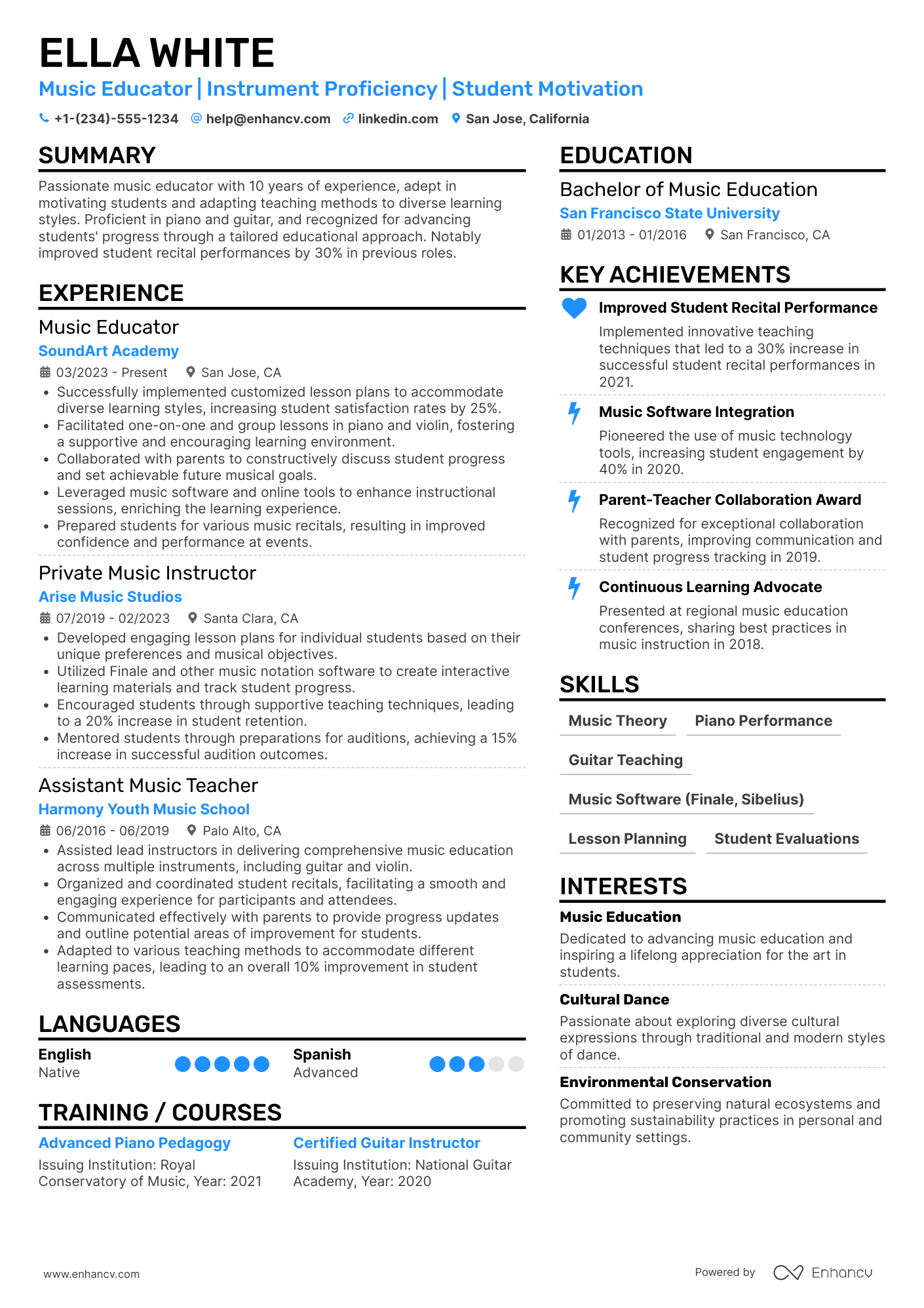 A resume example of a Professional Music Tutor