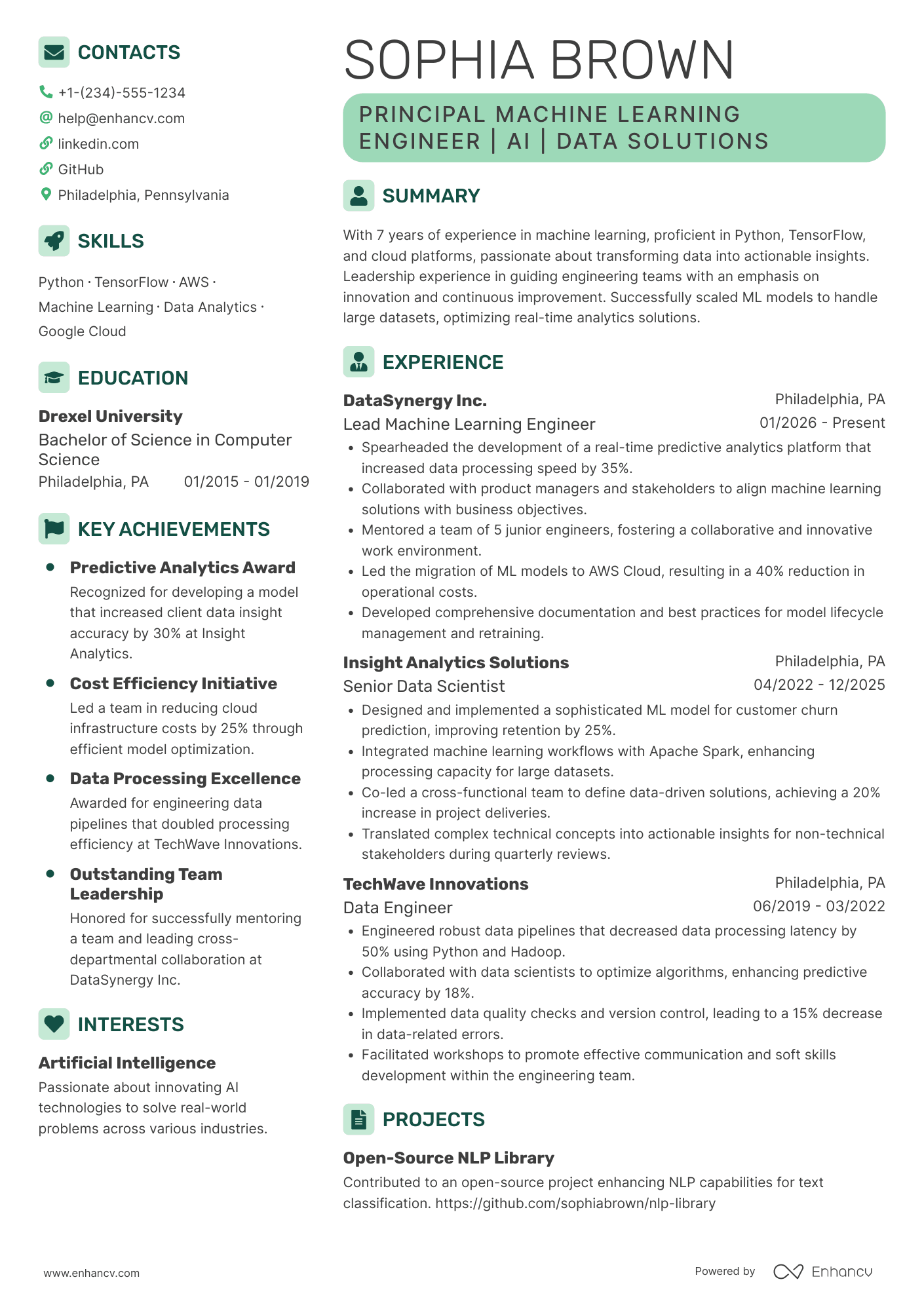 A resume example of a Principal Machine Learning Engineer