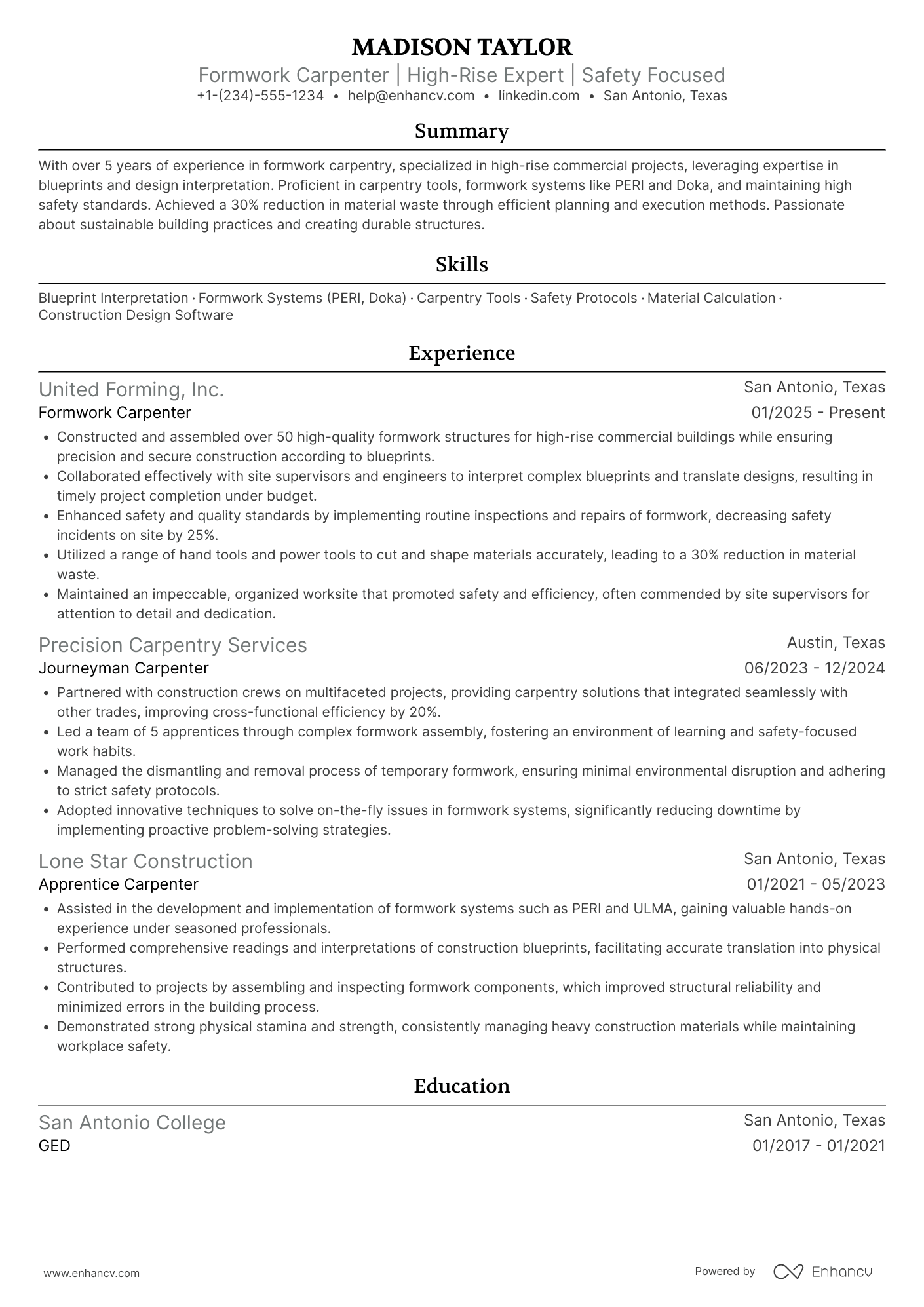 A resume example of a Formwork Carpenter