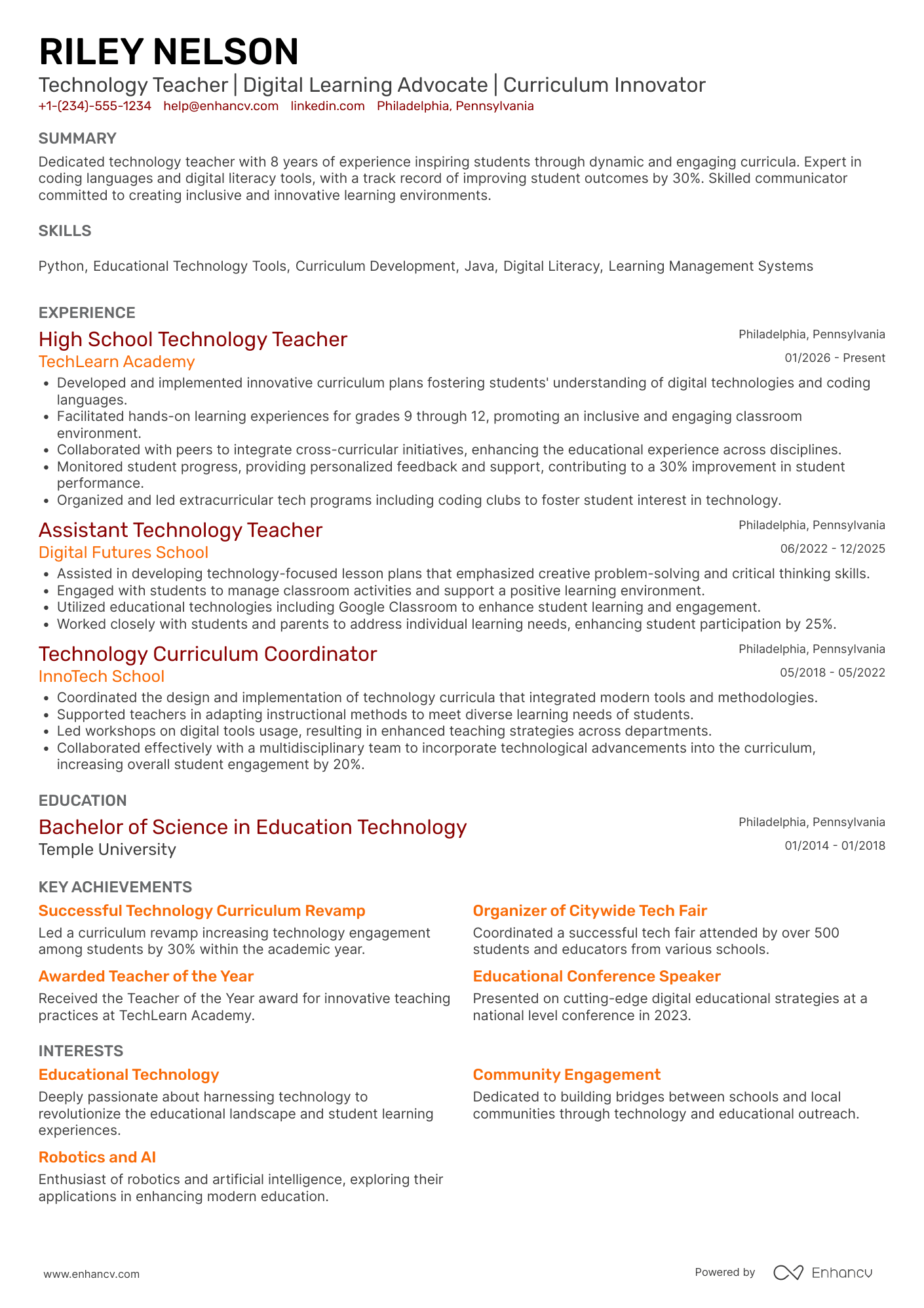 A resume example of a High School Technology Teacher