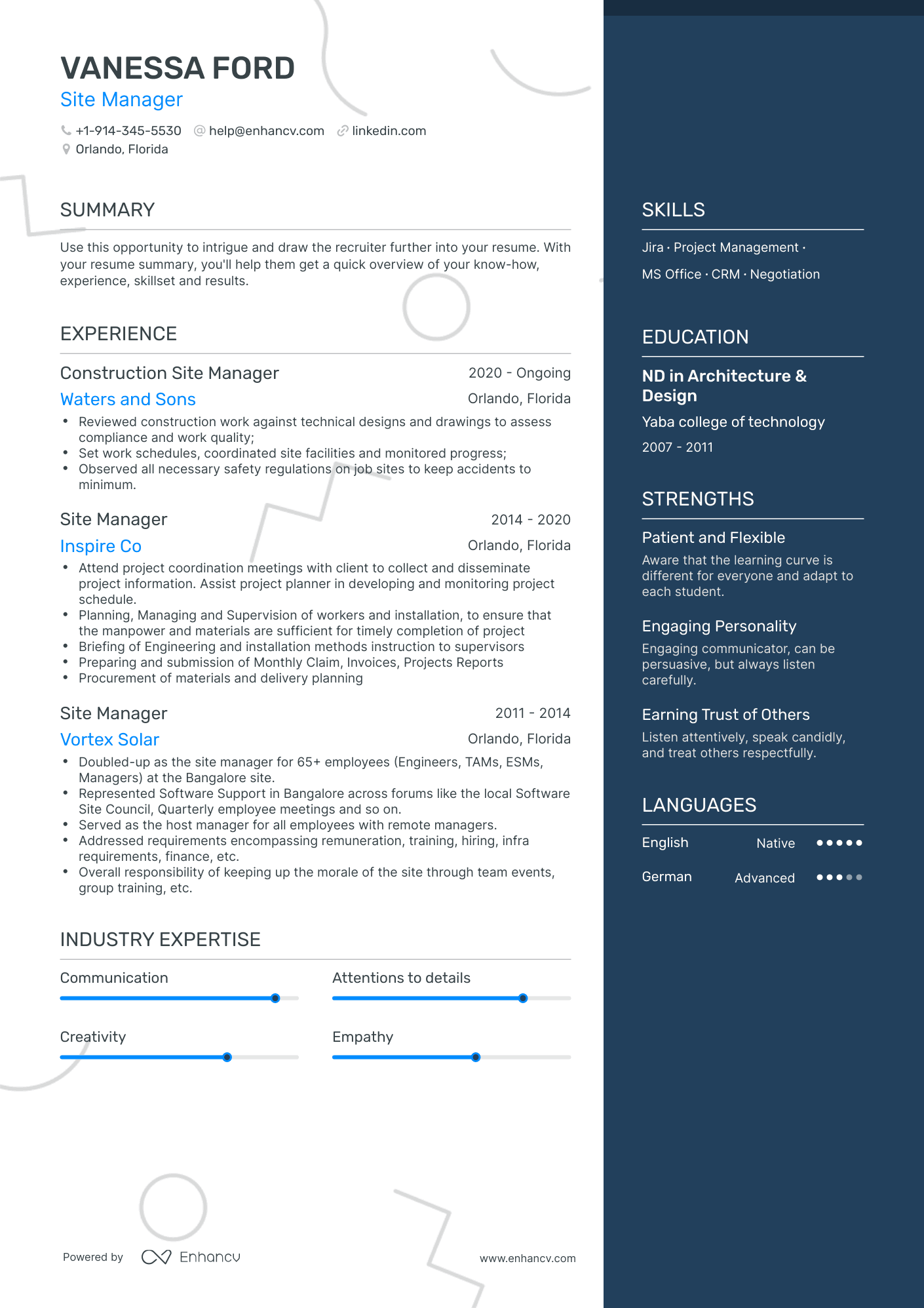 One Page Site Manager Resume Template