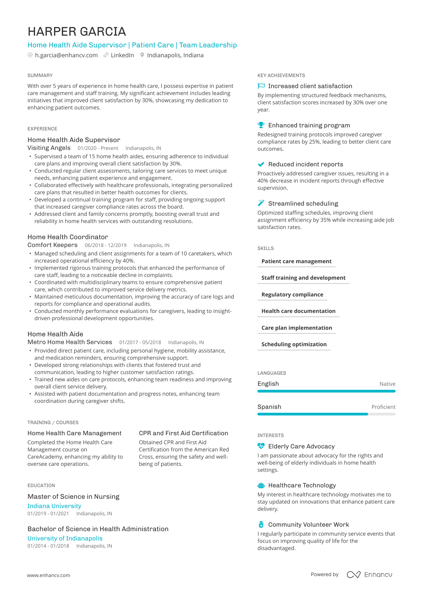 A resume example of a Home Health Aide Supervisor
