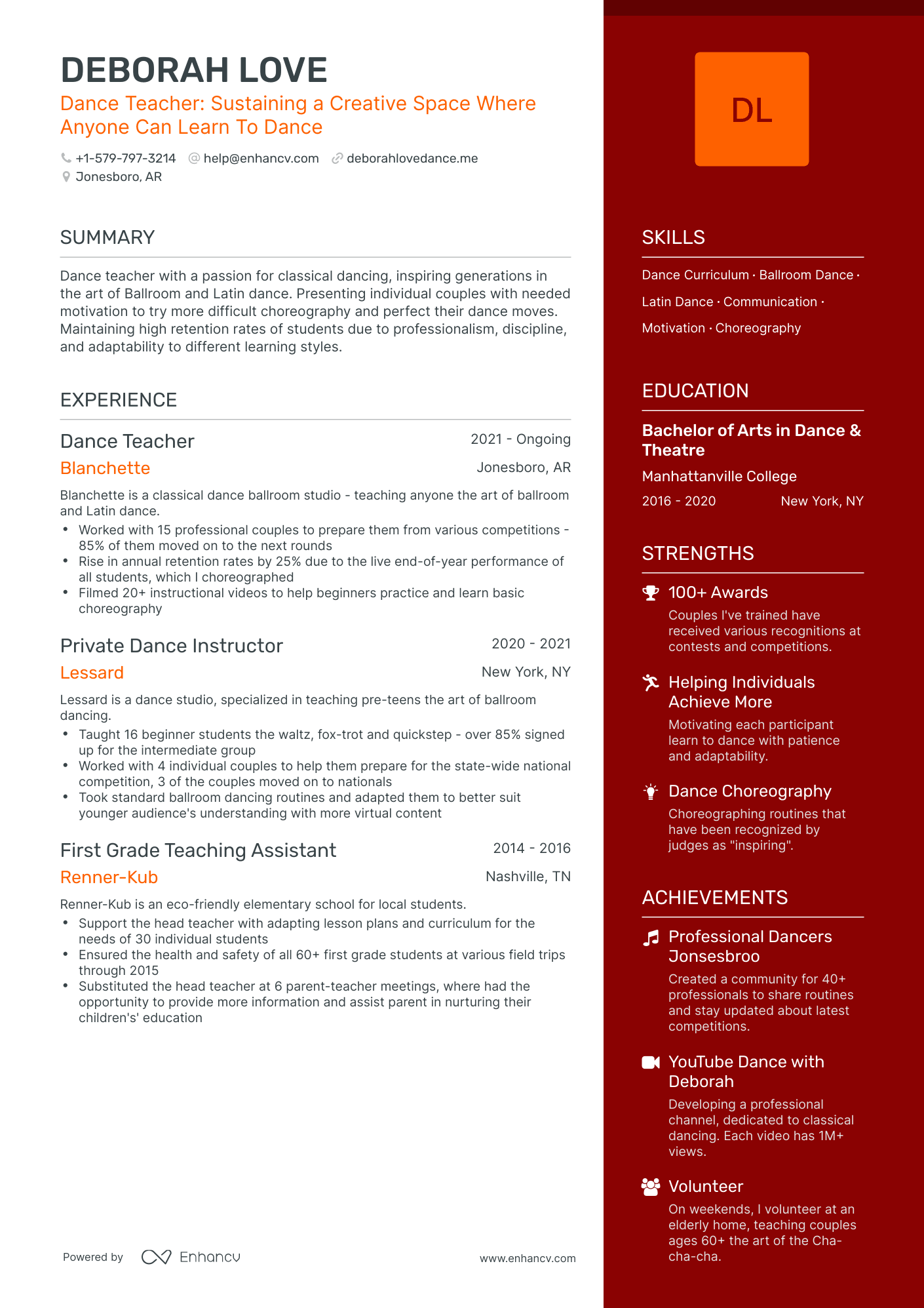 One Page Dance Teacher Resume Template