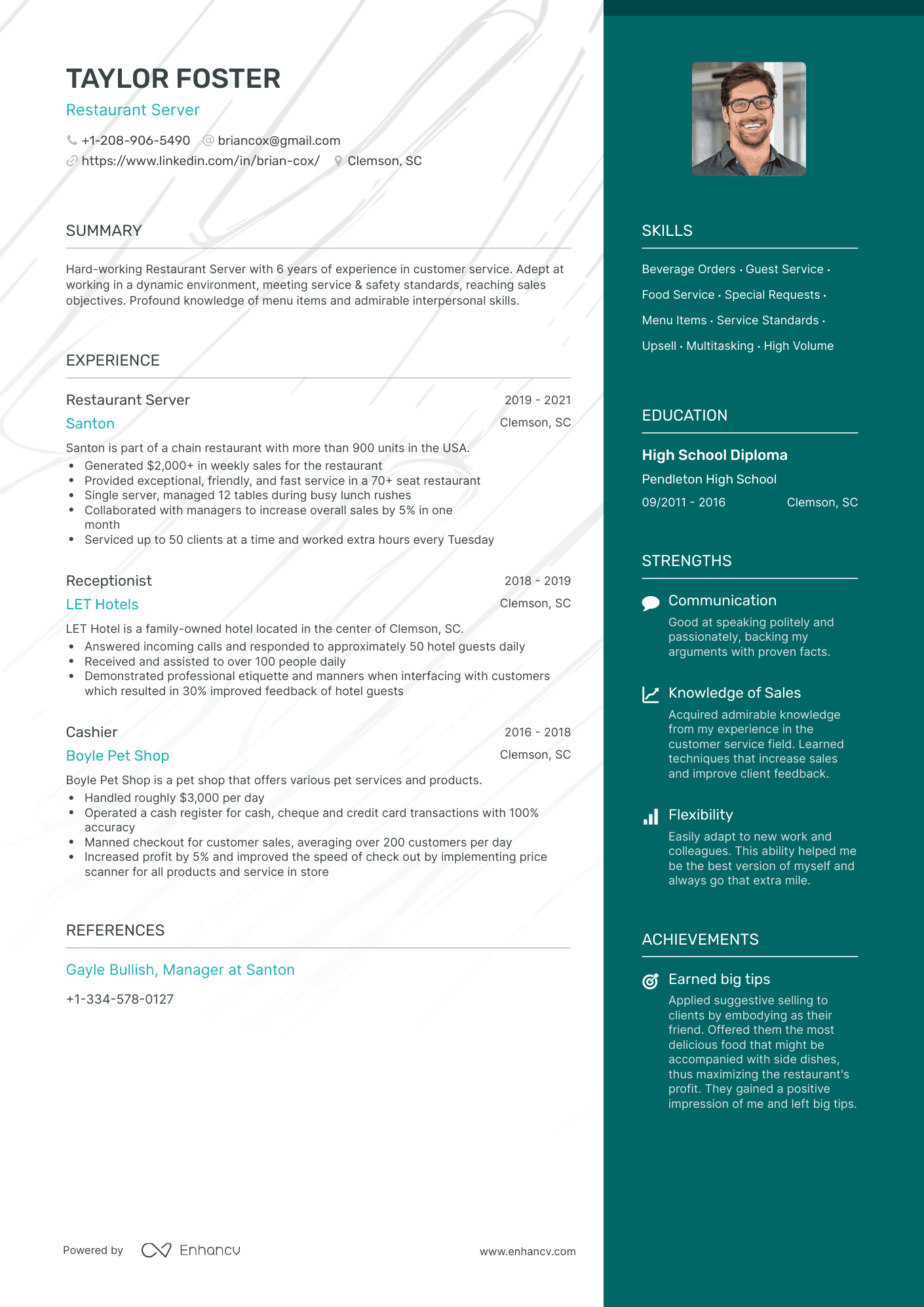 One Page Server Resume Template