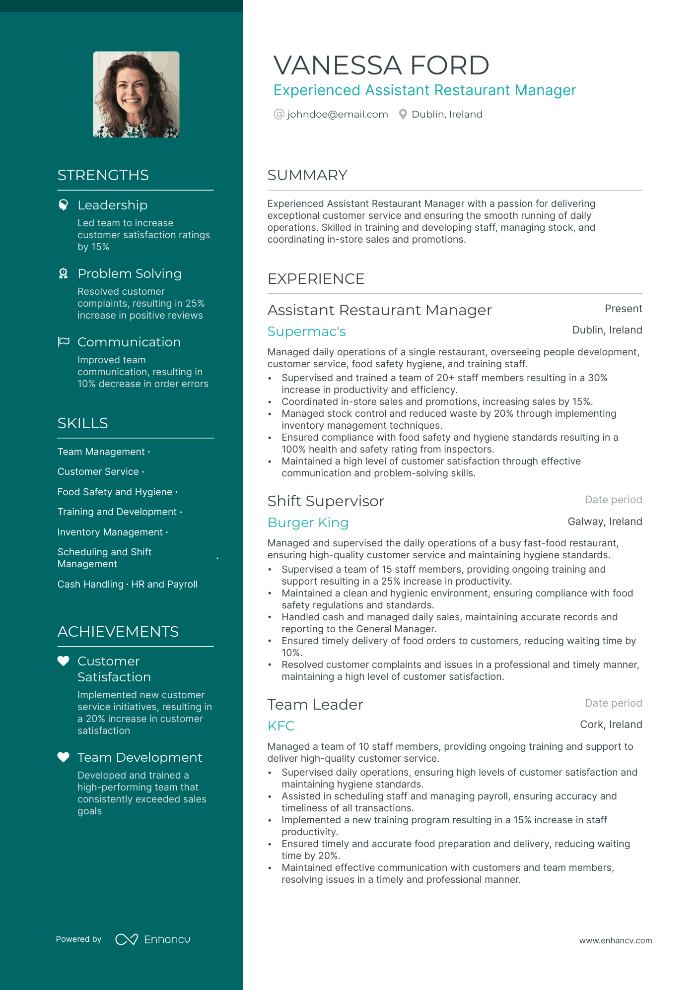 resume description for restaurant manager