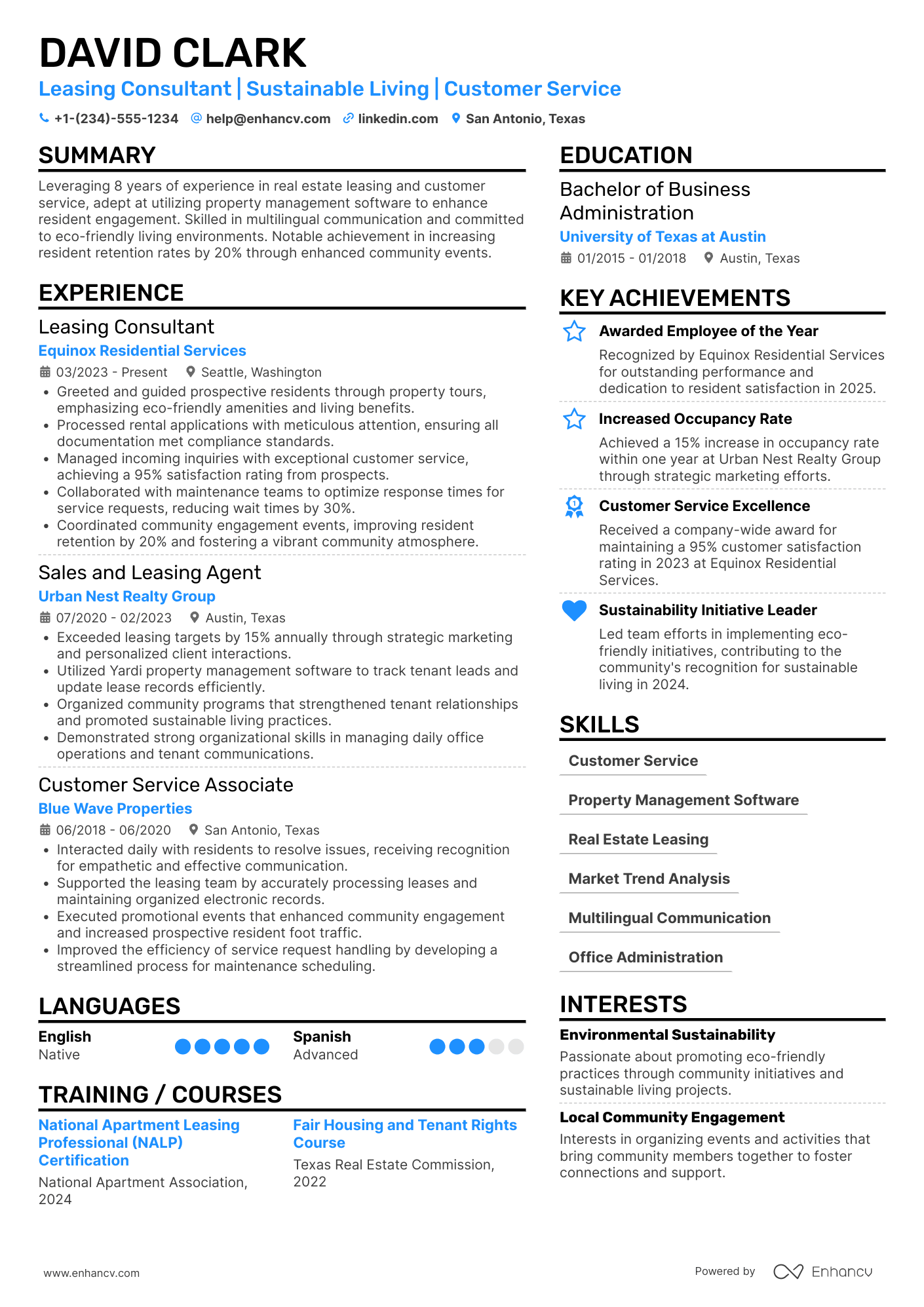 A resume example of a Part Time Leasing Consultant
