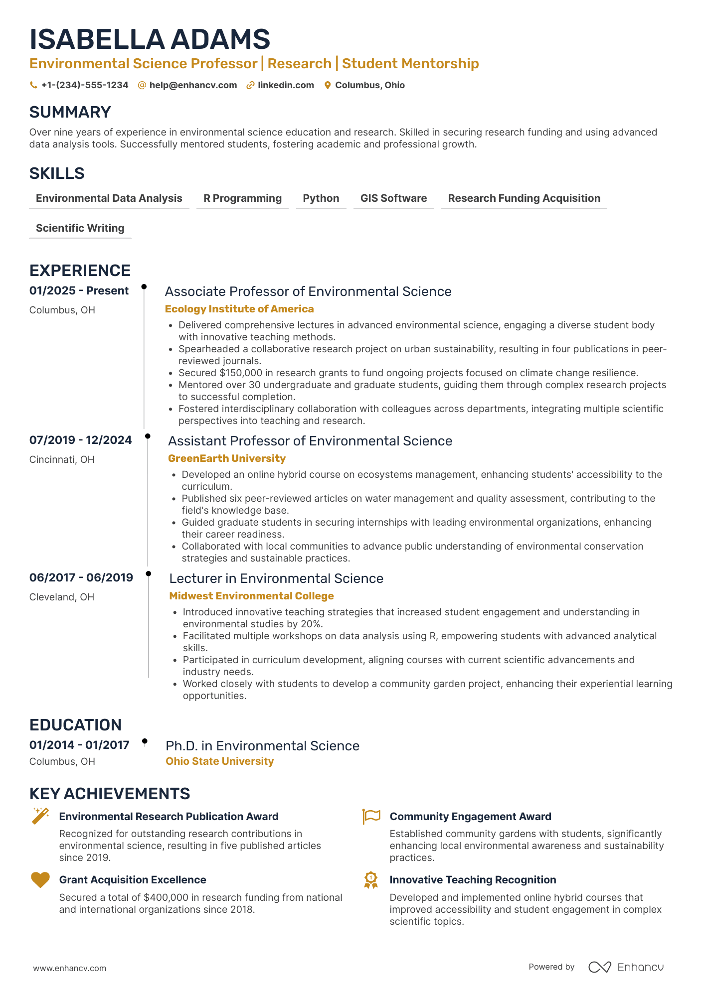 A resume example of a Professor of Environmental Science