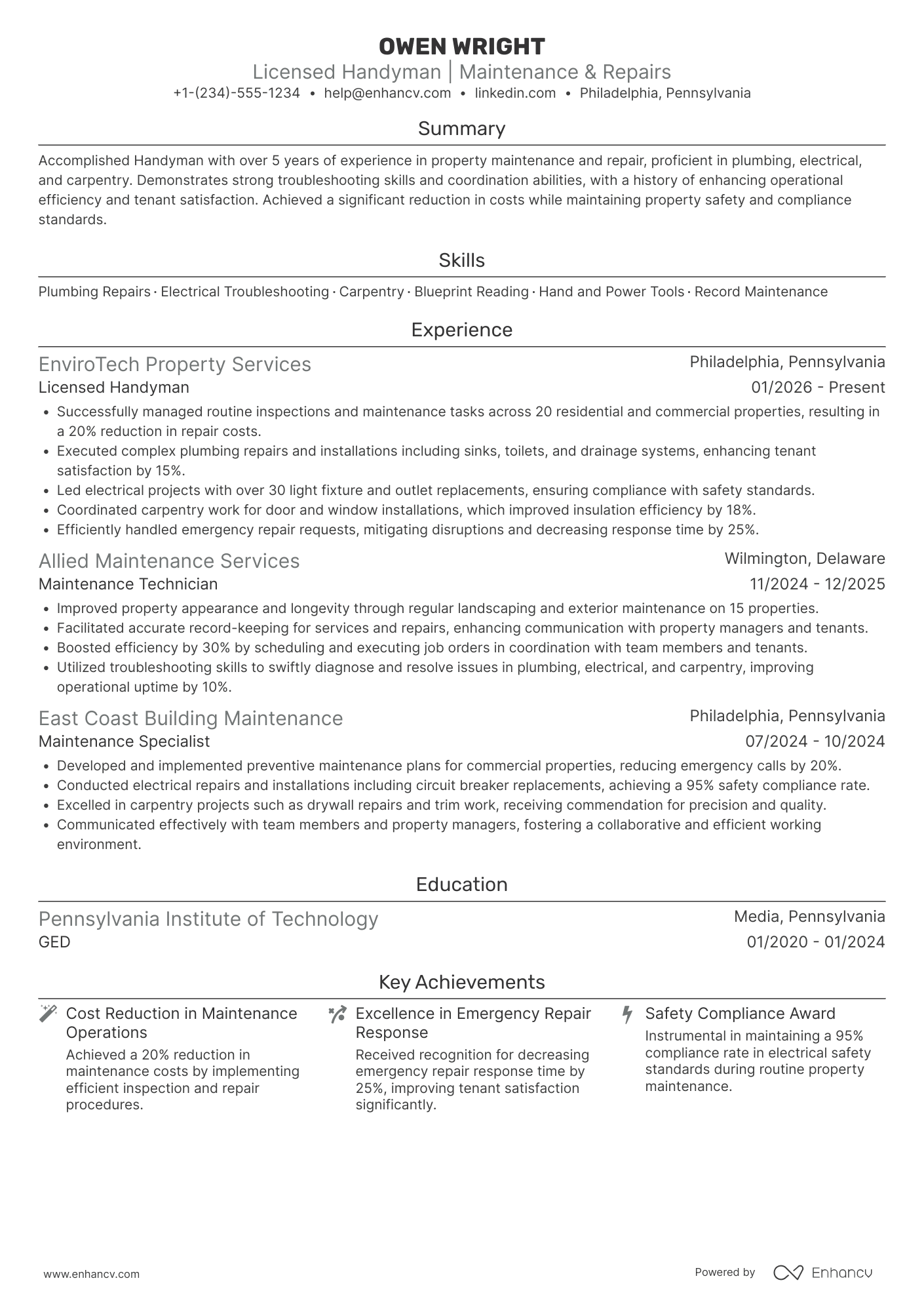 A resume example of a Licensed Handyman