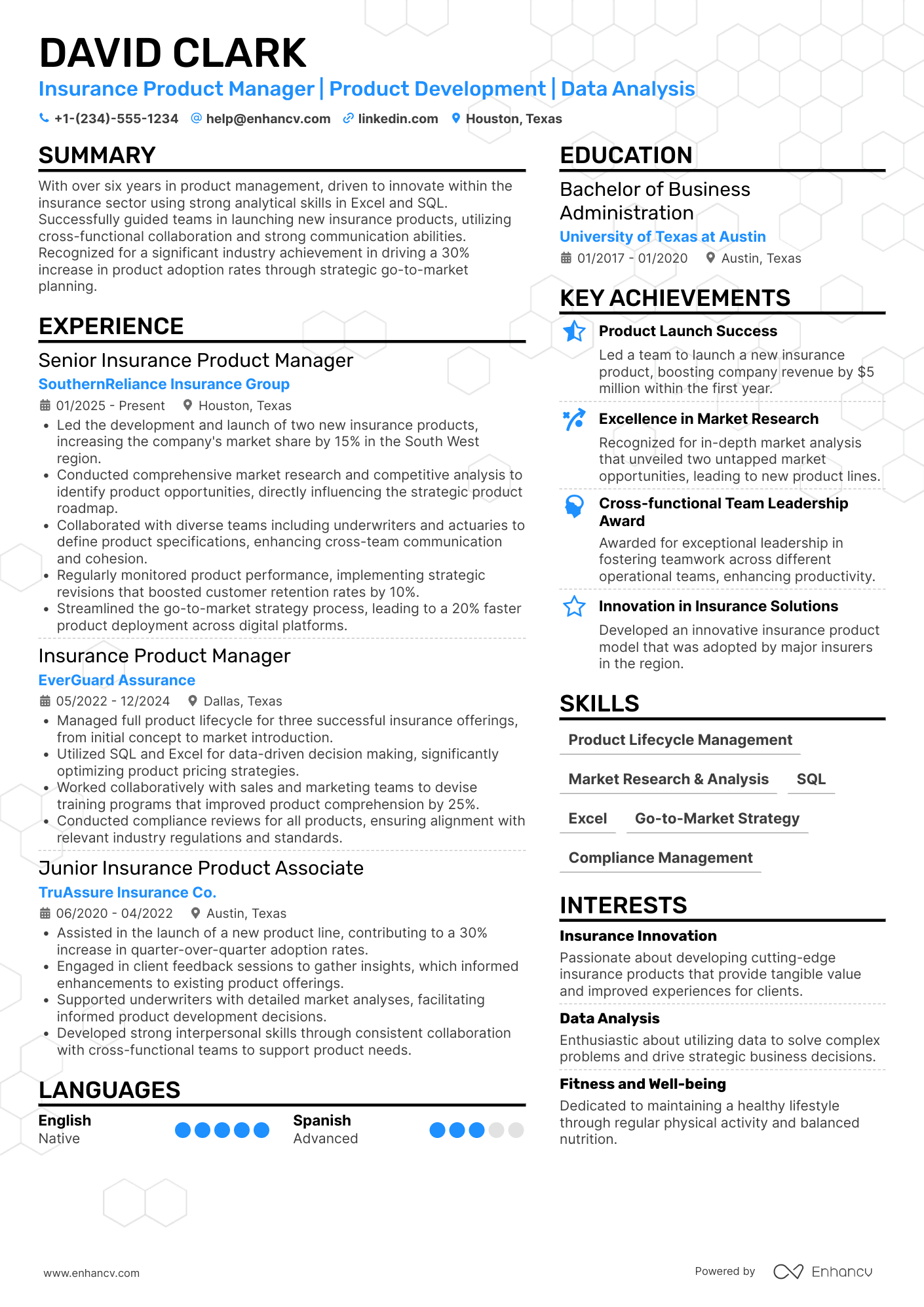 A resume example of a Insurance Product Manager