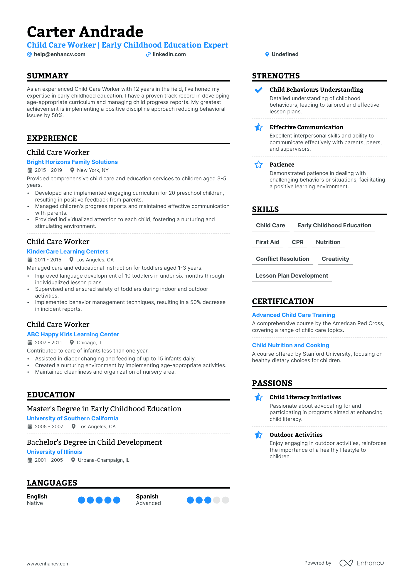 A resume example of a Child Care Worker