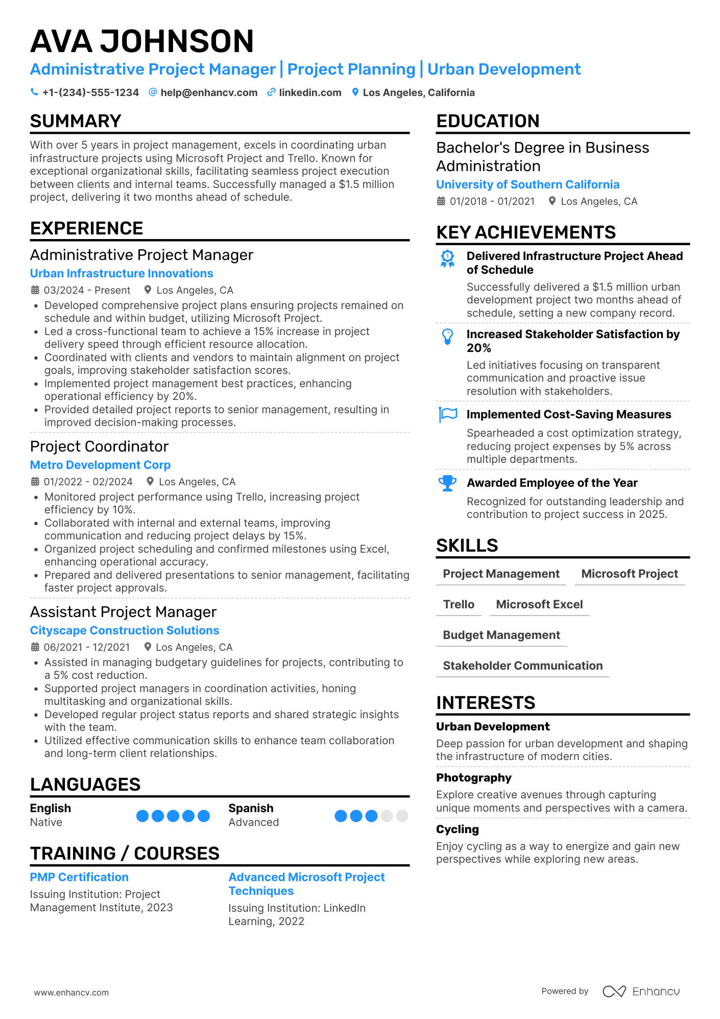 A resume example of a Administrative Project Manager