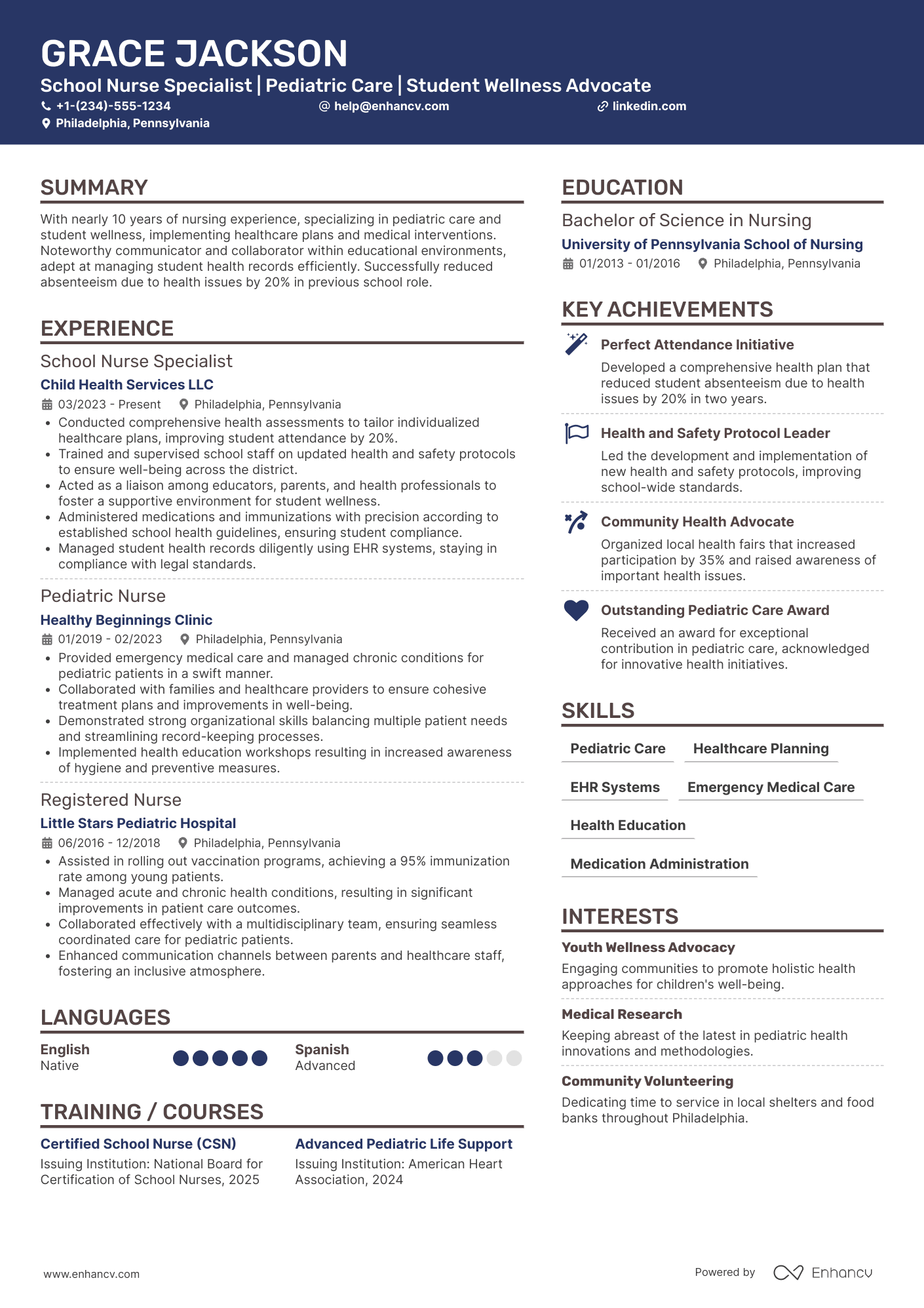 A resume example of a School Nurse Specialist
