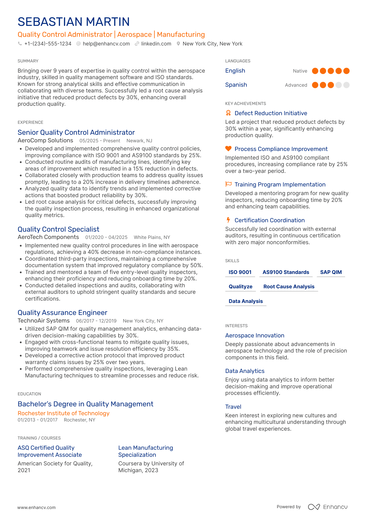 A resume example of a Quality Control Administrator