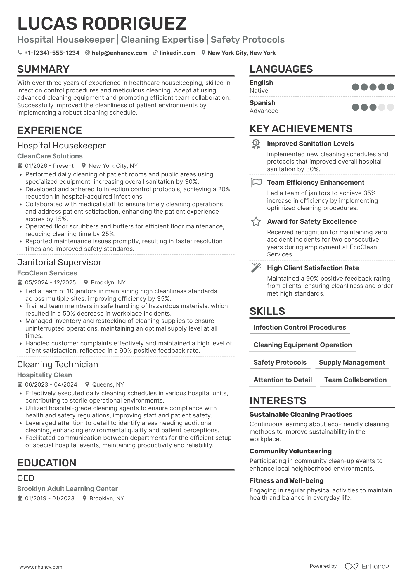 A resume example of a Hospital Housekeeper