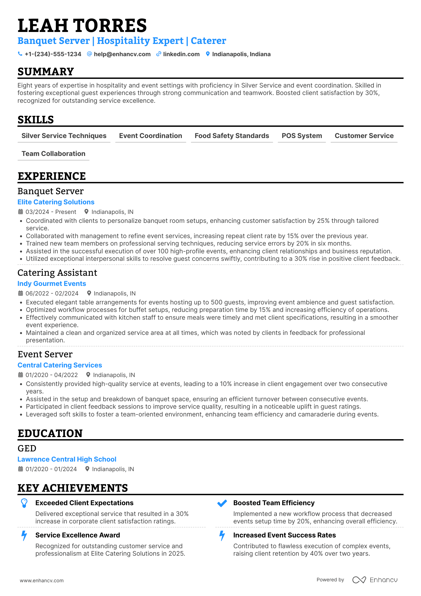 A resume example of a Banquet Server