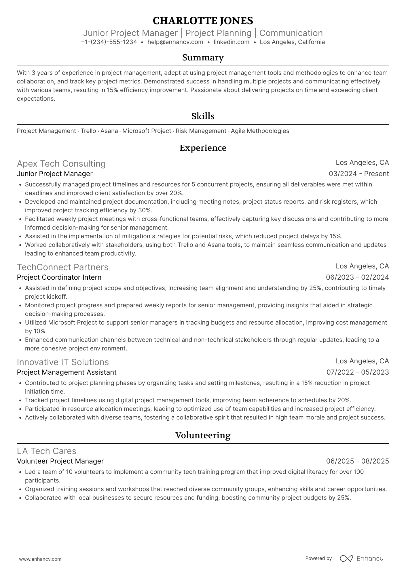 A resume example of a Junior Project Manager