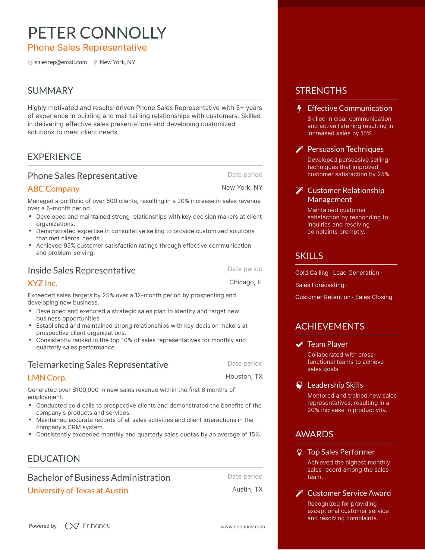 One Page Phone Sales Resume Template