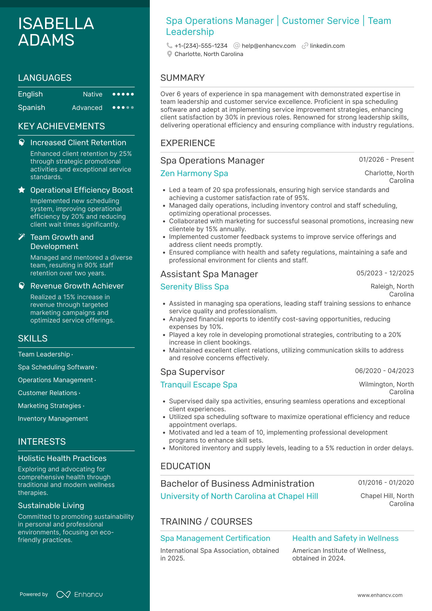 A resume example of a Spa Operations Manager