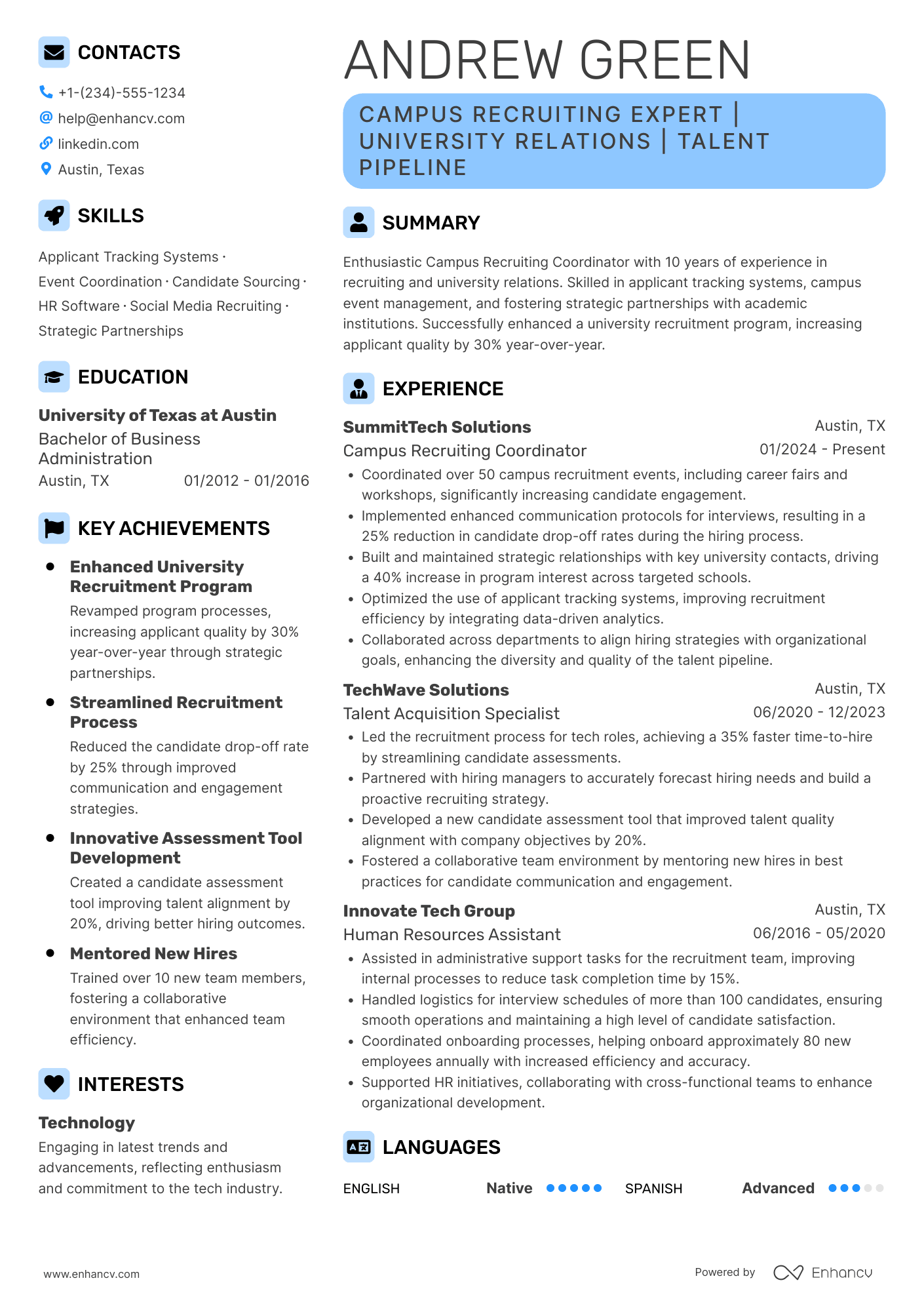 A resume example of a Campus Recruiting Coordinator