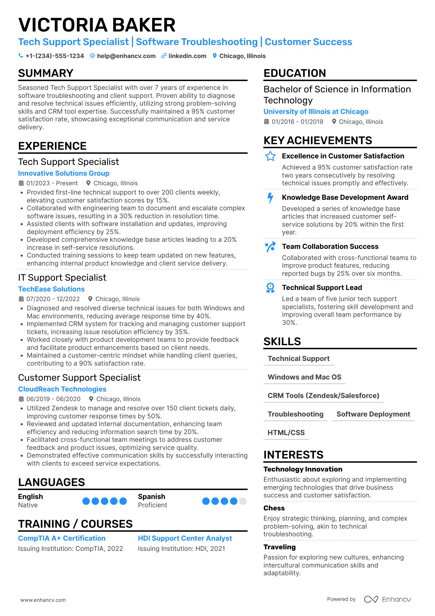 A resume example of a Tech Support Specialist