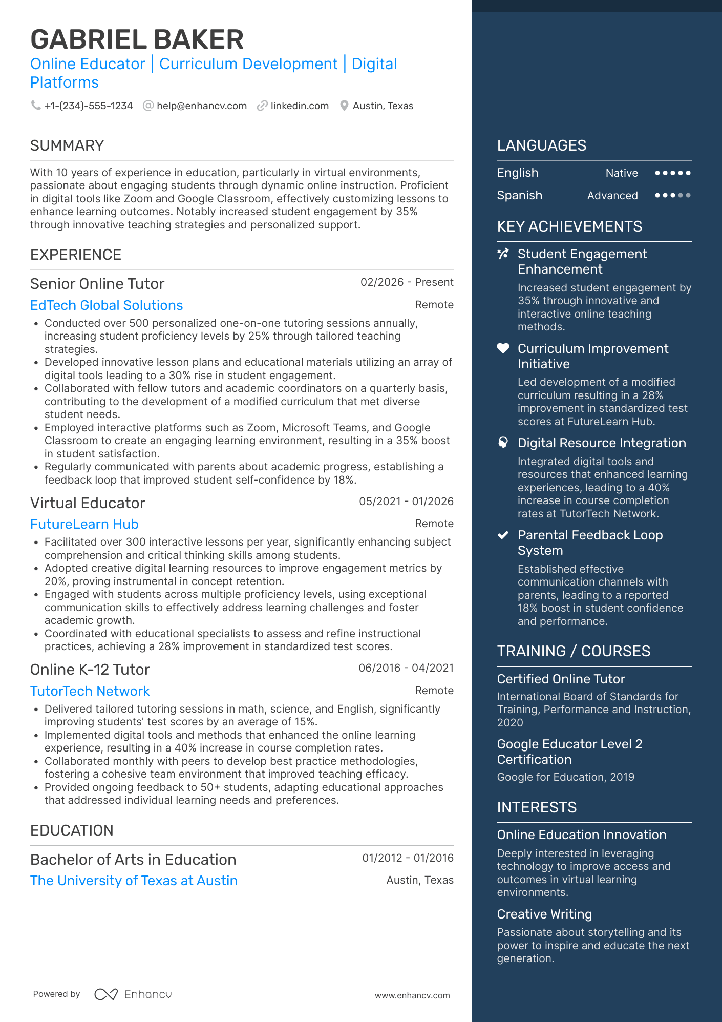 A resume example of a Work from Home Online Tutor