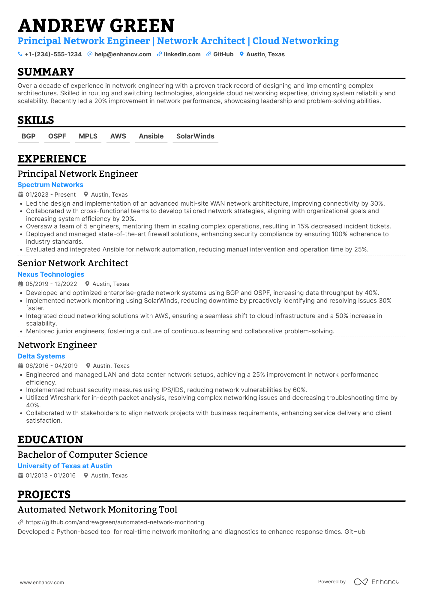 A resume example of a Principal Network Engineer
