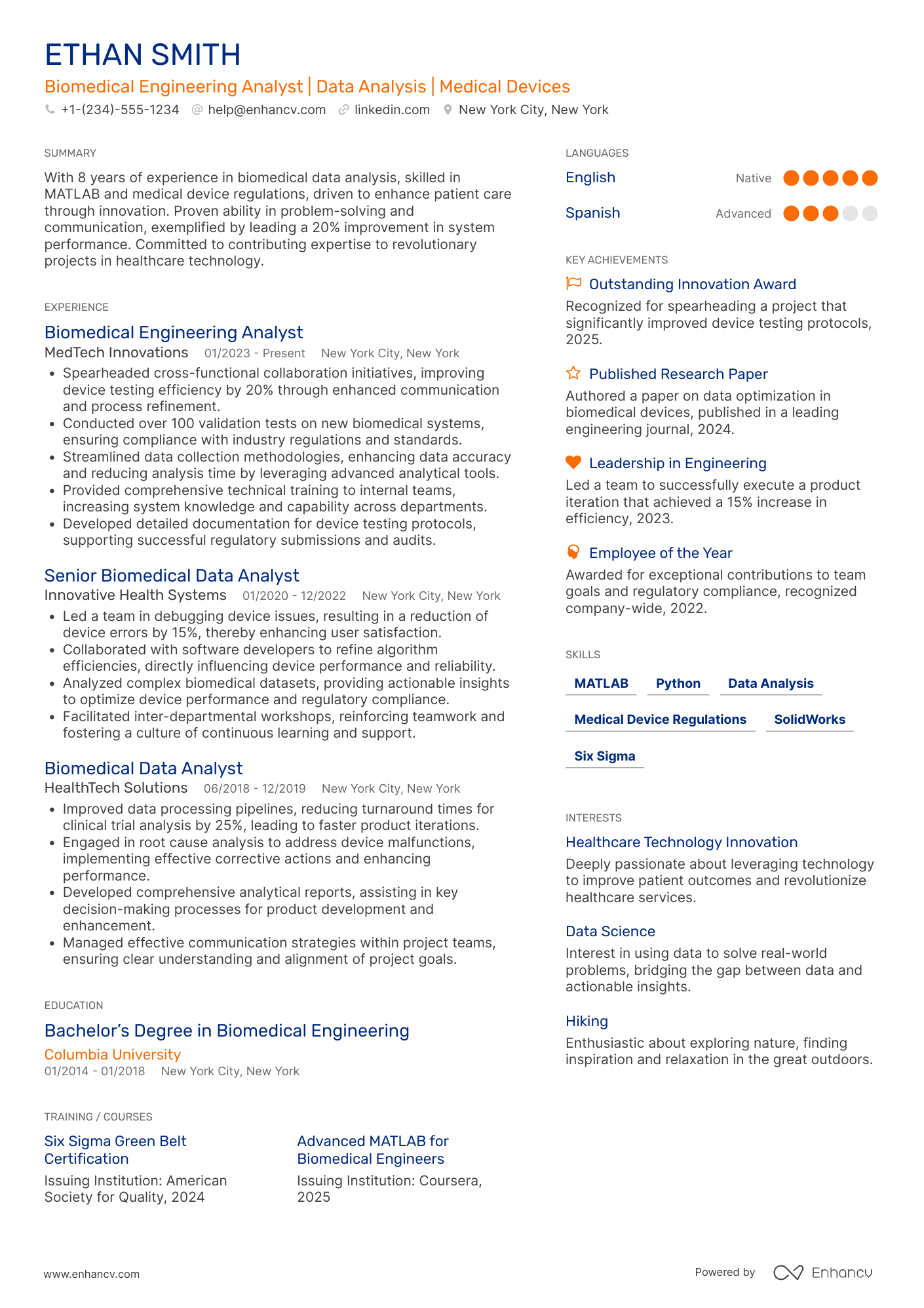 A resume example of a Biomedical Engineering Analyst