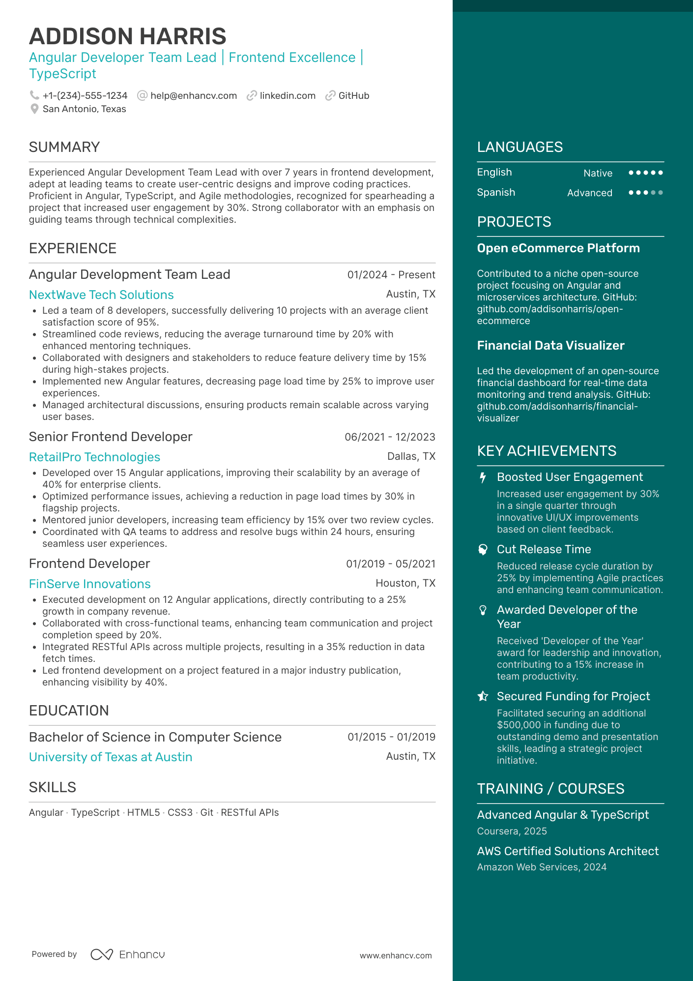 A resume example of a Angular Development Team Lead