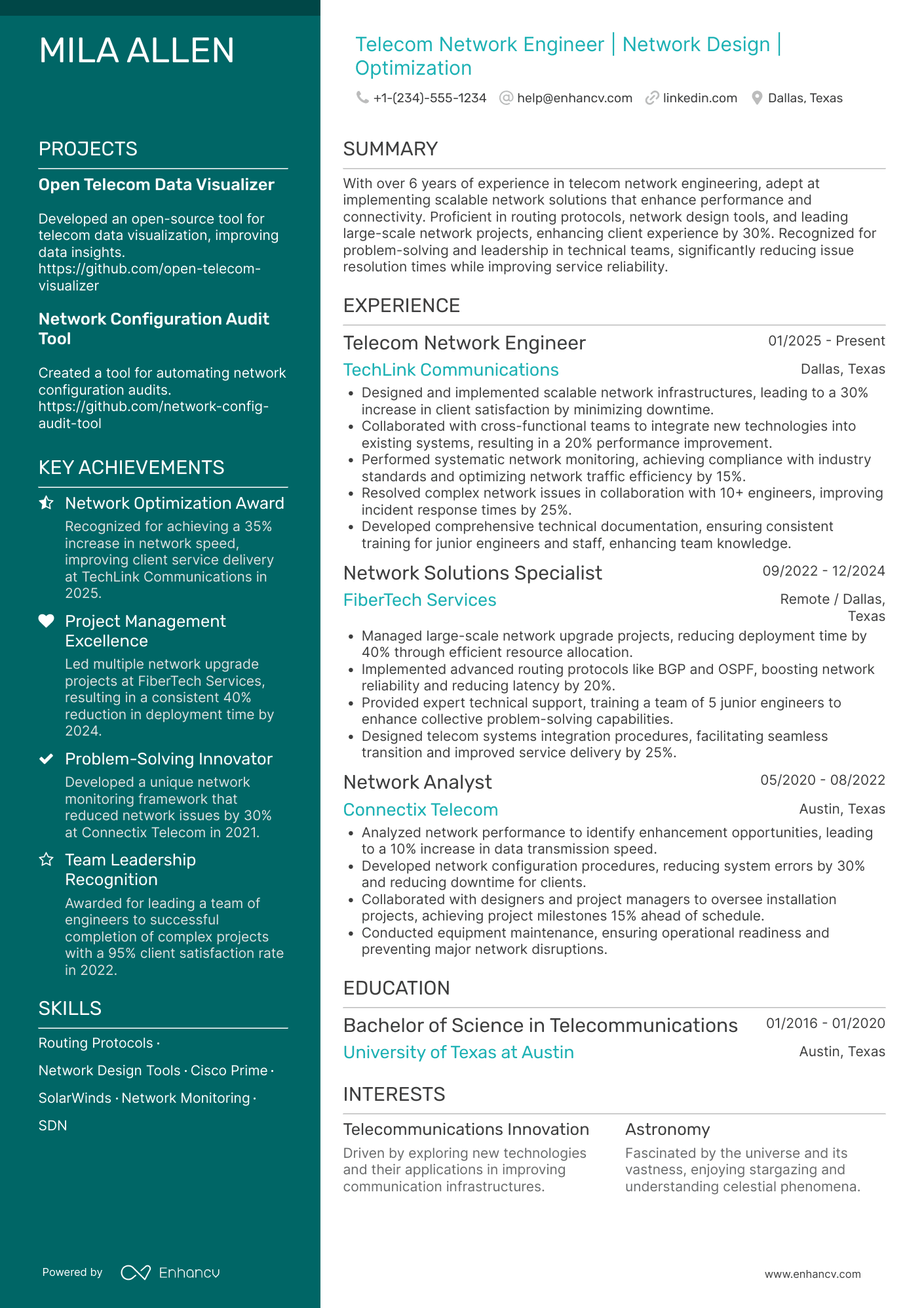 A resume example of a Telecom Network Engineer
