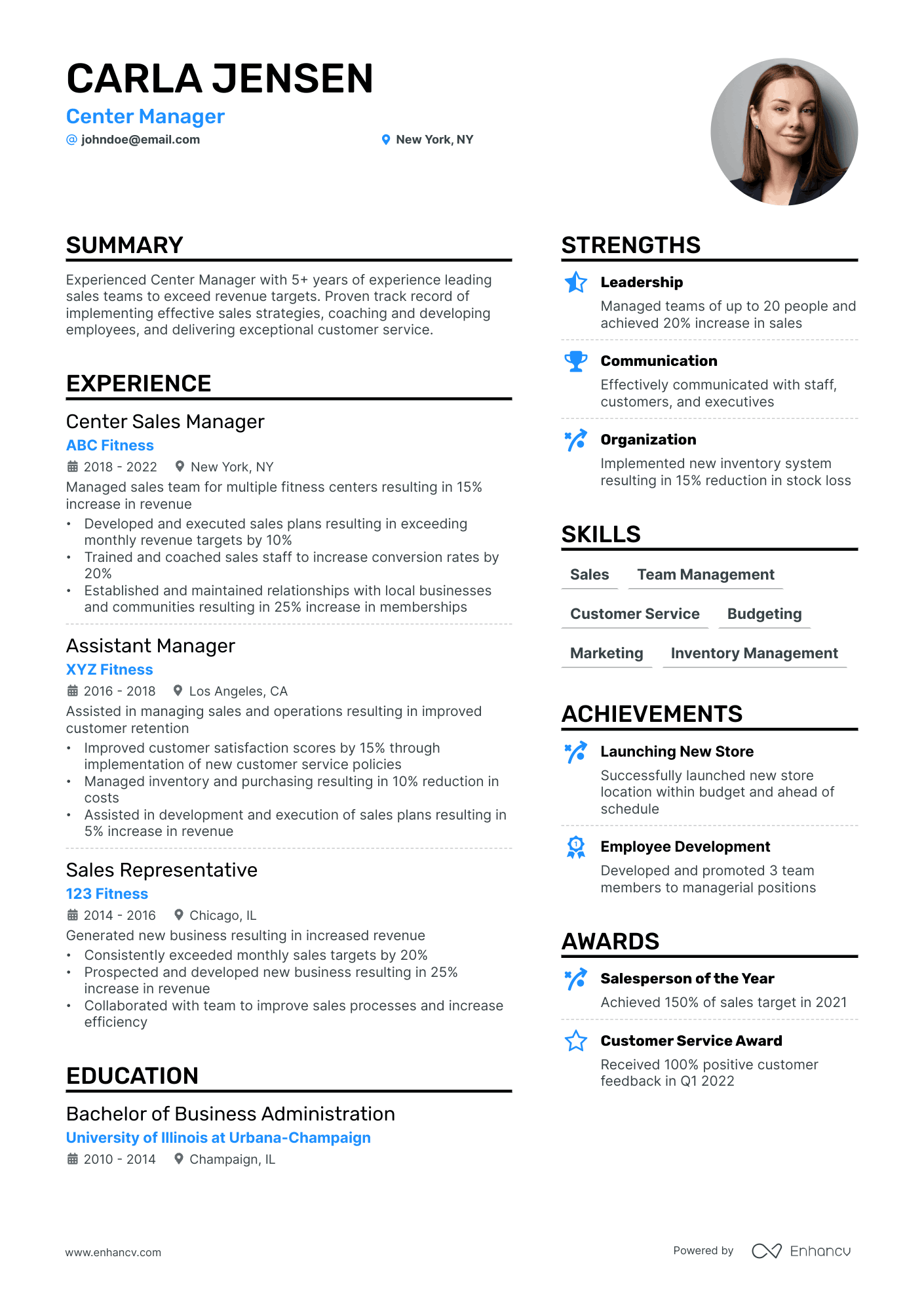 A resume example of a Center Manager