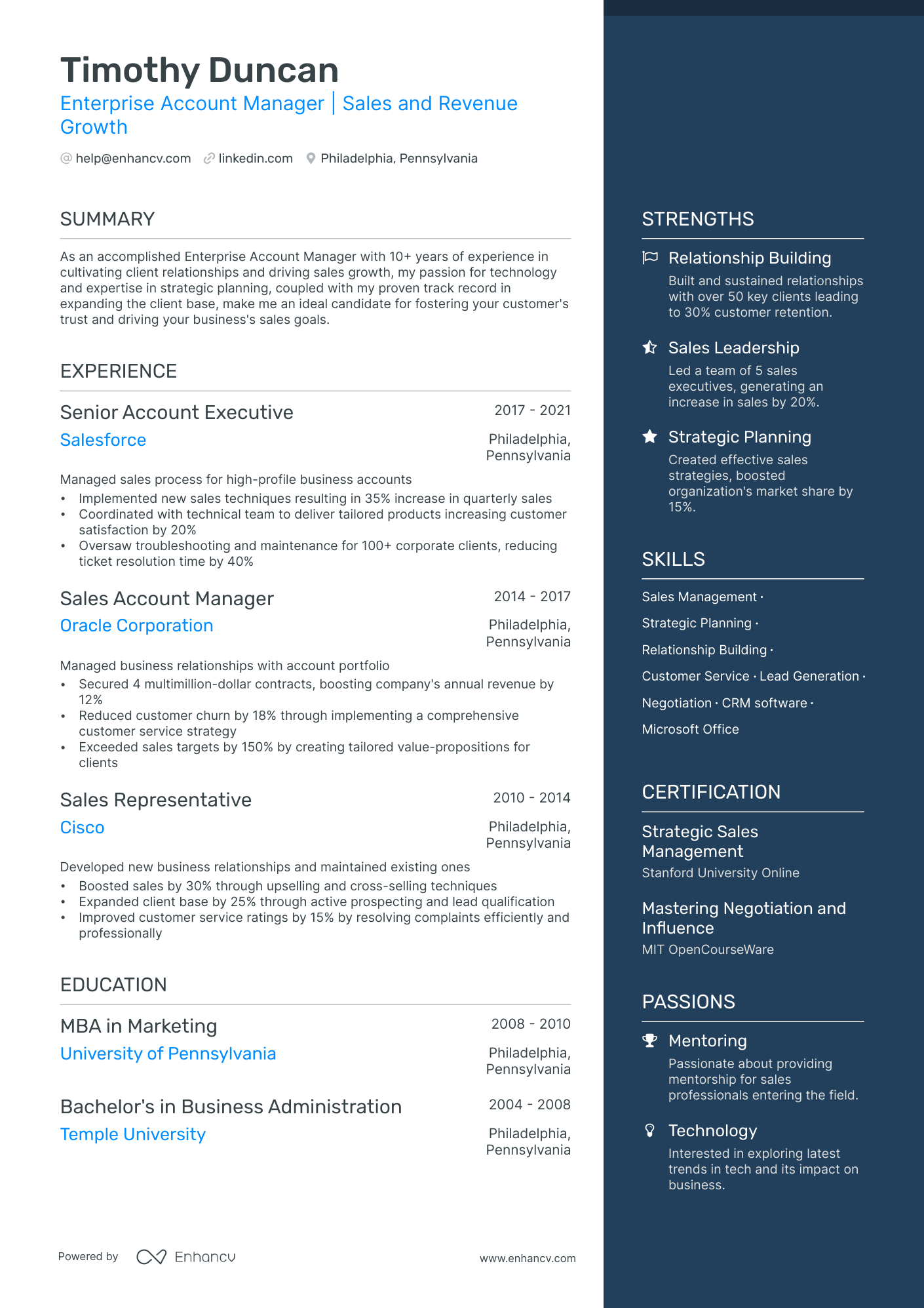 A resume example of a Enterprise Account Manager