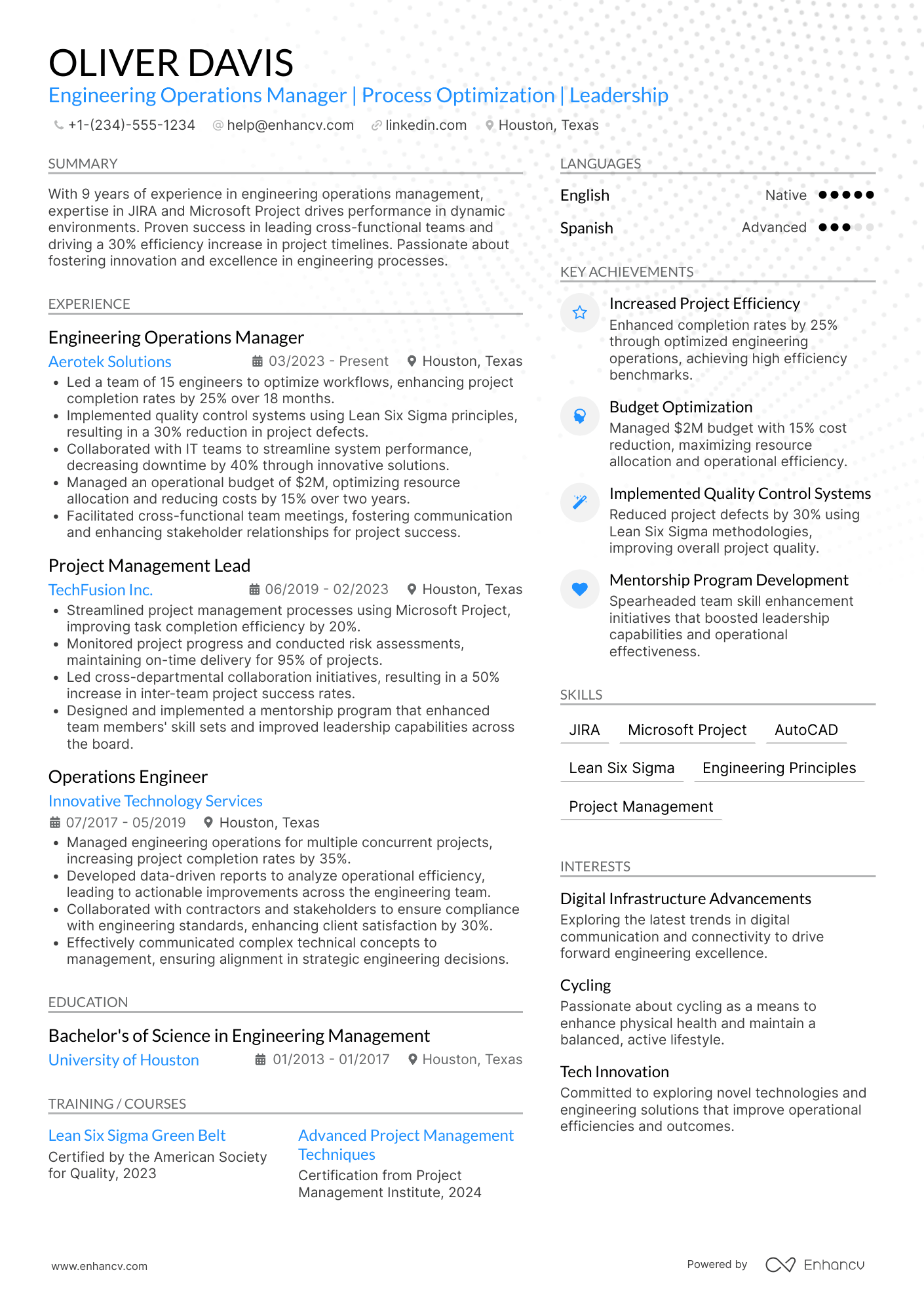 A resume example of a Engineering Operations Manager