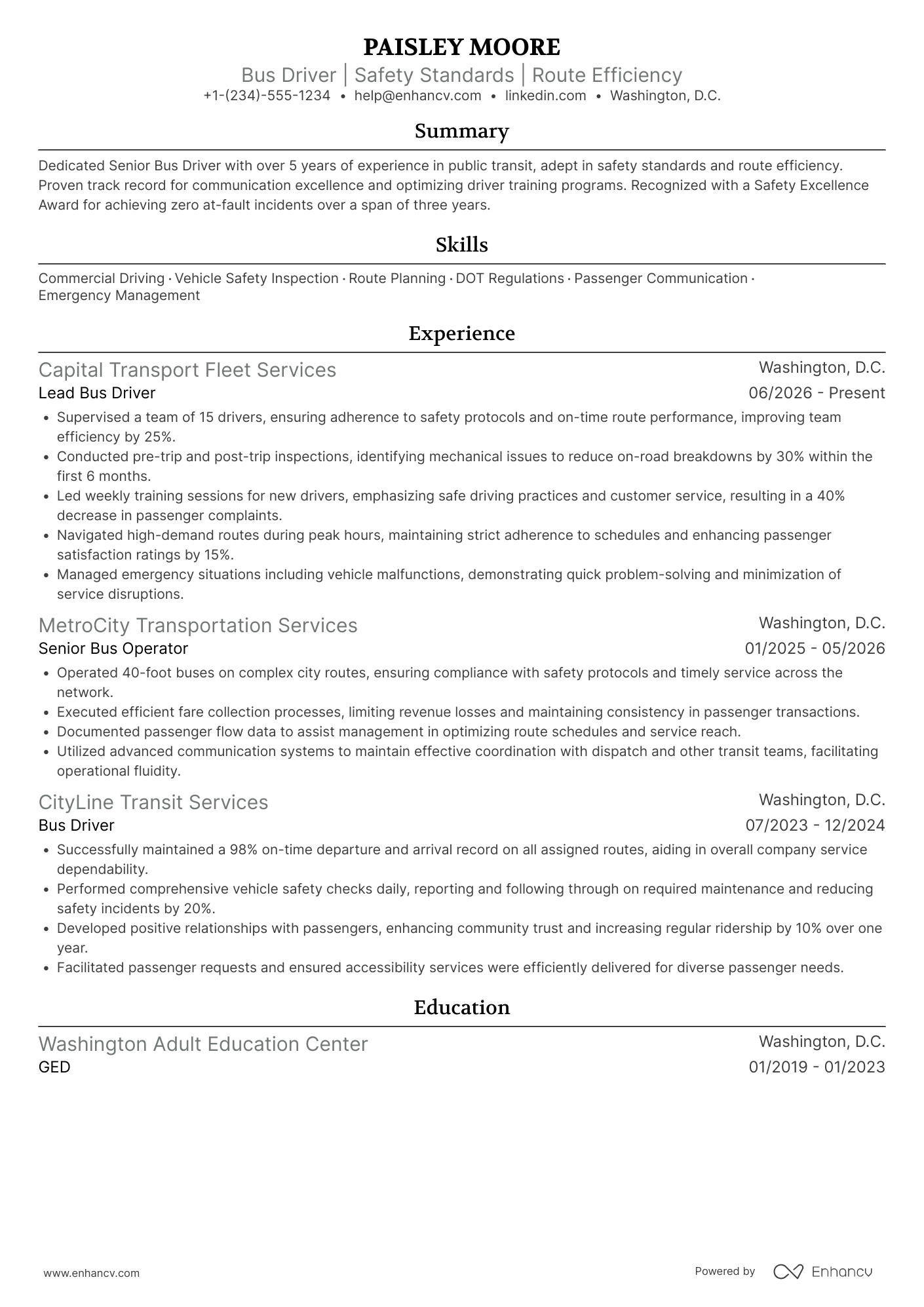 A resume example of a Senior Bus Driver