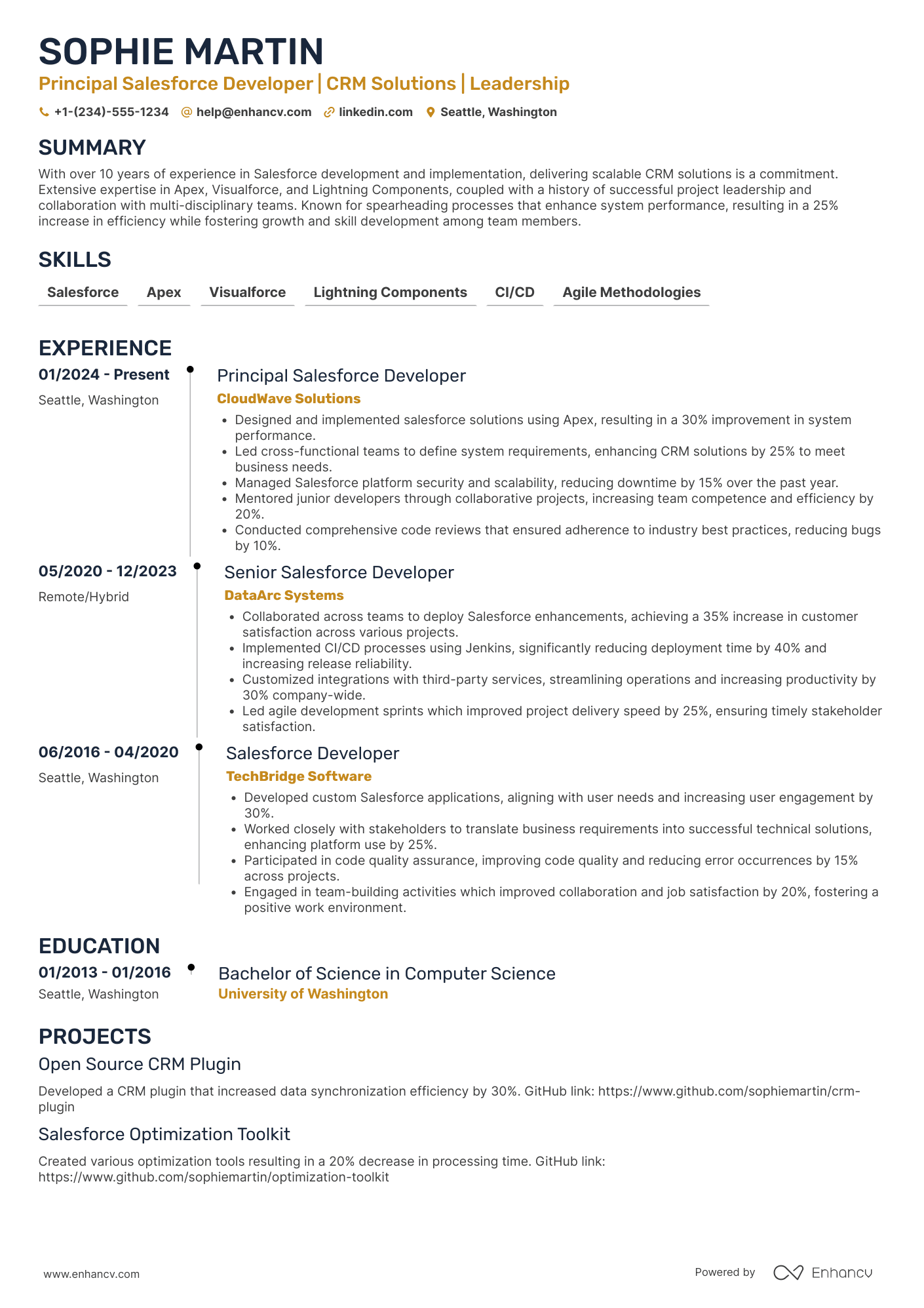 A resume example of a Principal Salesforce Developer