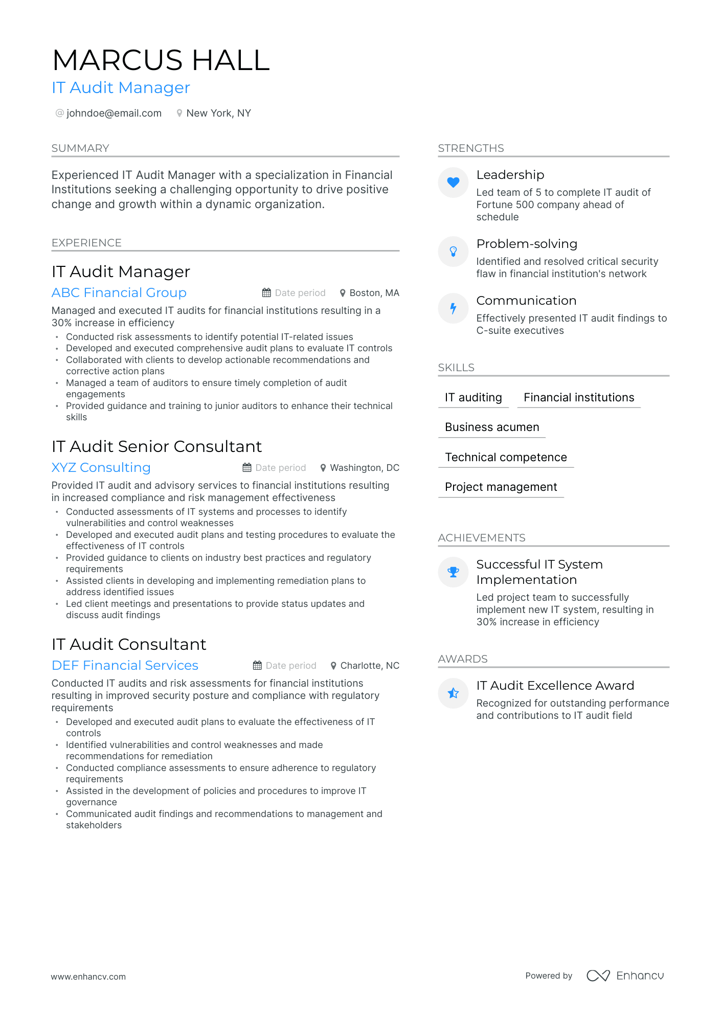 Modern IT Audit Manager Resume Template