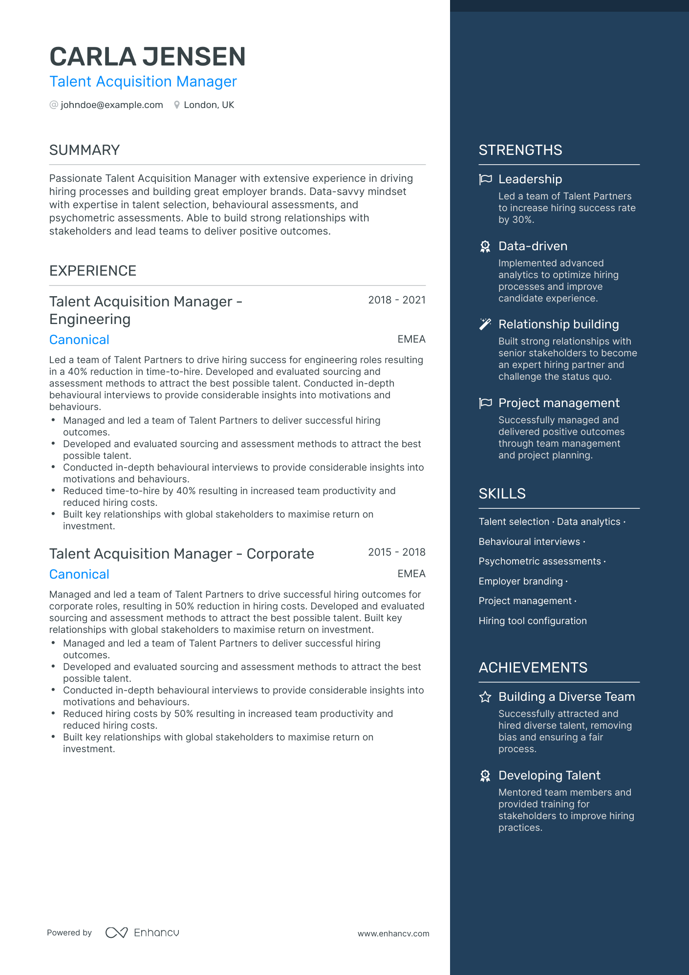 One Page Talent Acquisition Manager Resume Template
