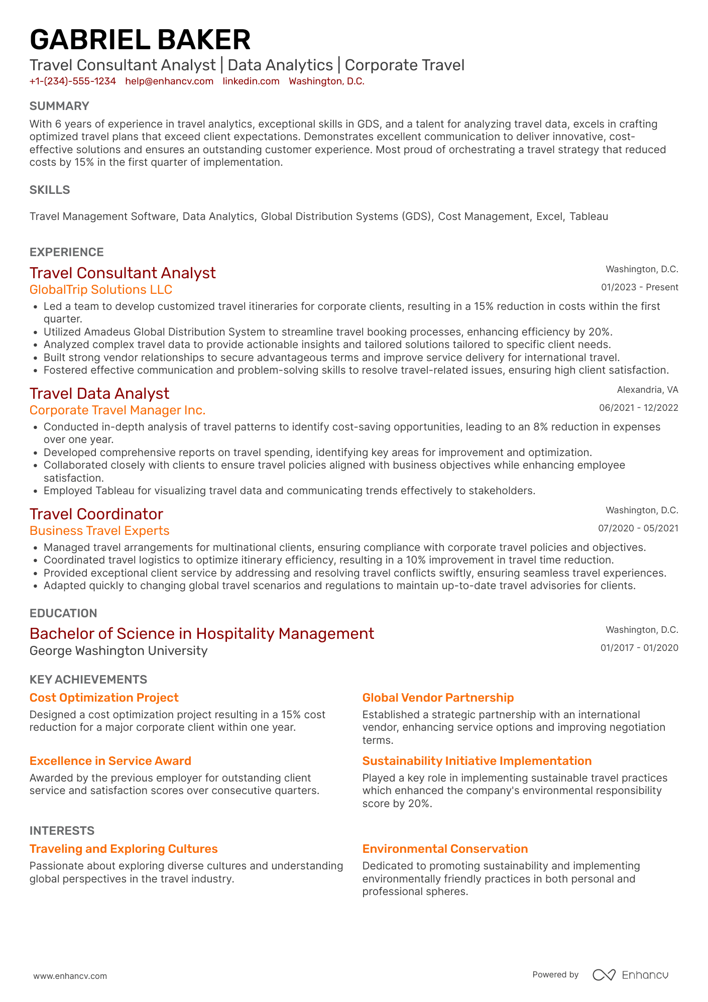 A resume example of a Travel Consultant Analyst